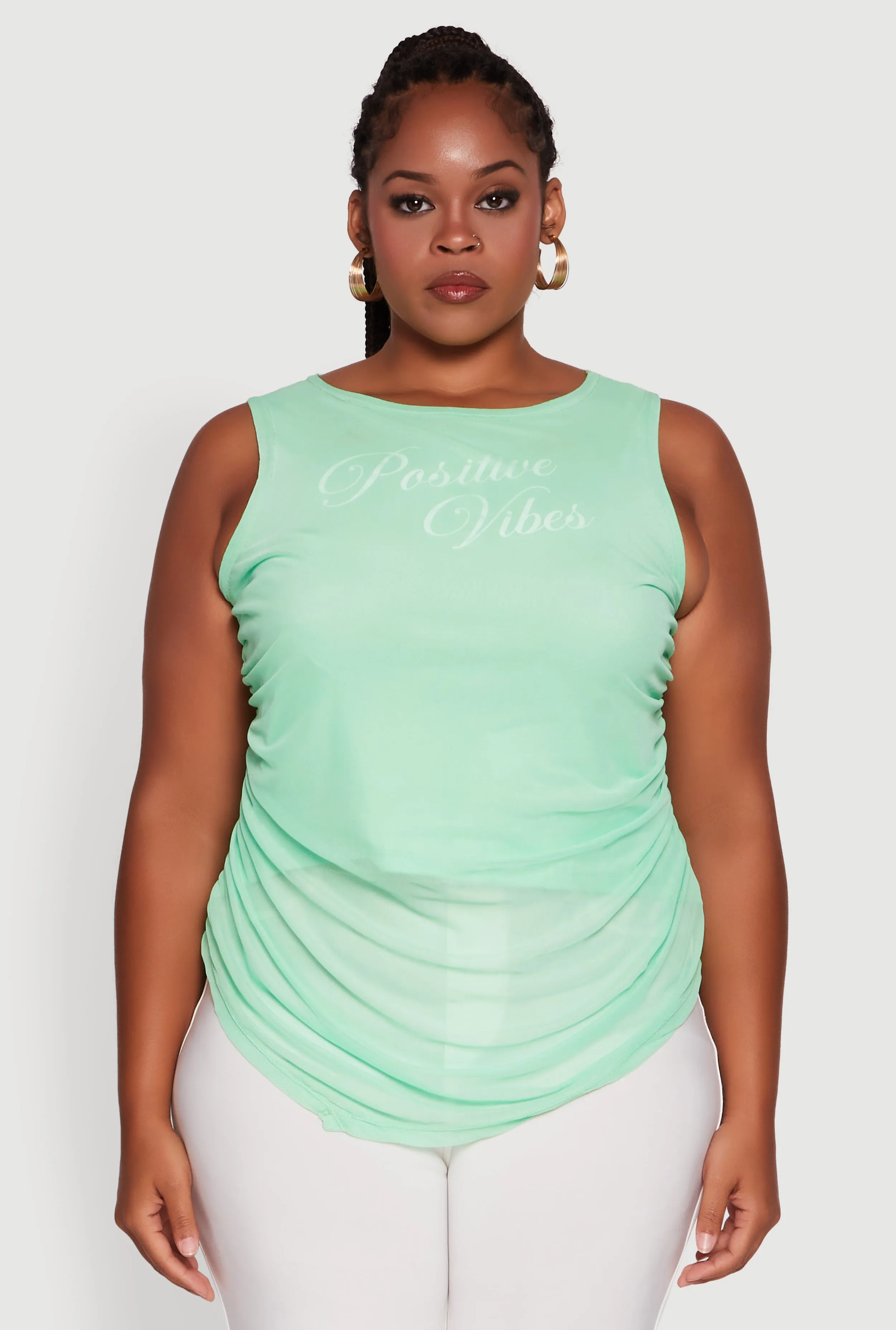 Plus Size Mesh Positive Vibes Graphic Side Ruched Tank Top sold by Rainbow product image thumbnail 2