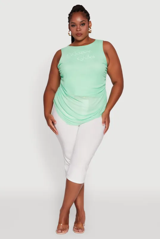 Plus Size Mesh Positive Vibes Graphic Side Ruched Tank Top sold by Rainbow
