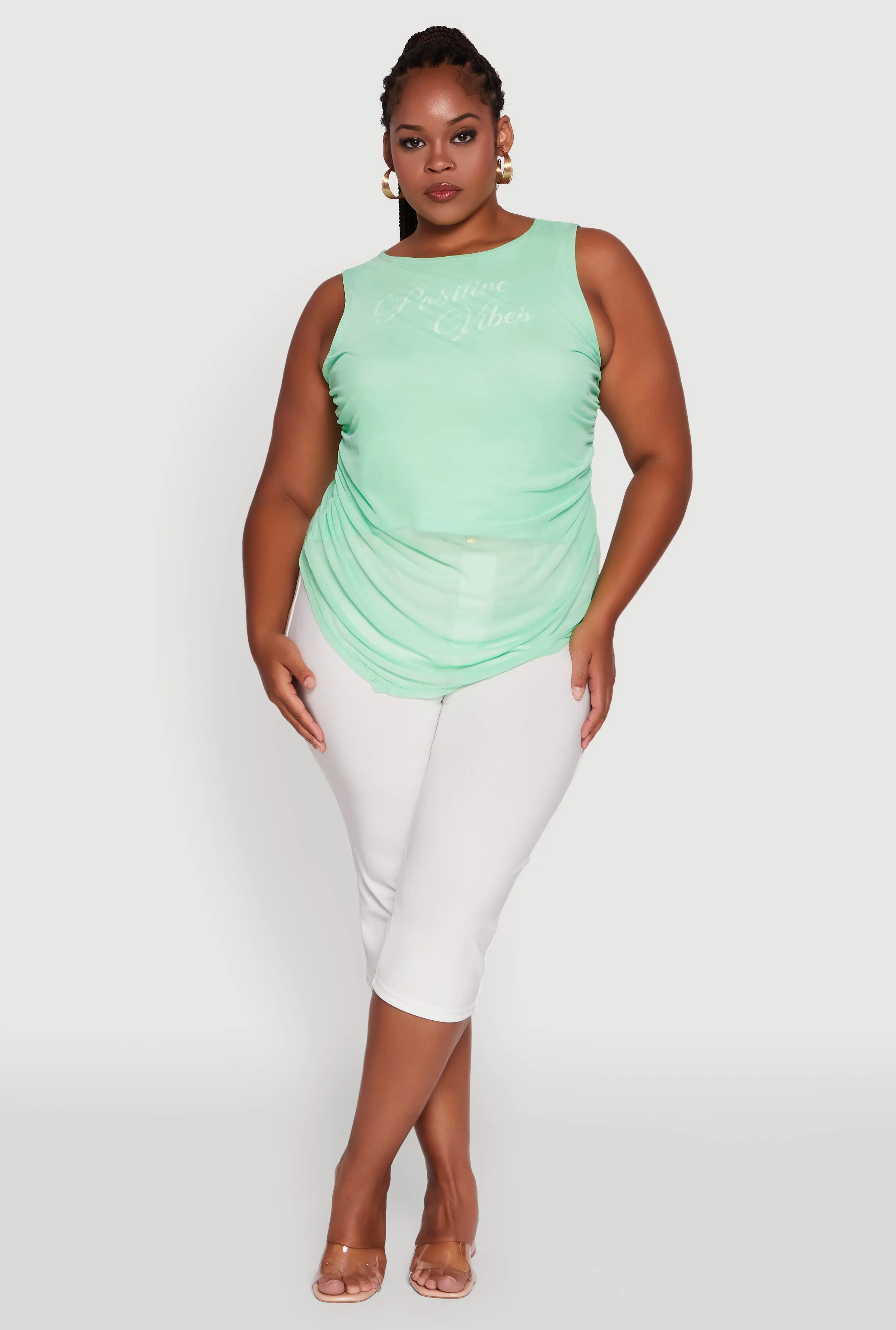 Plus Size Mesh Positive Vibes Graphic Side Ruched Tank Top sold by Rainbow