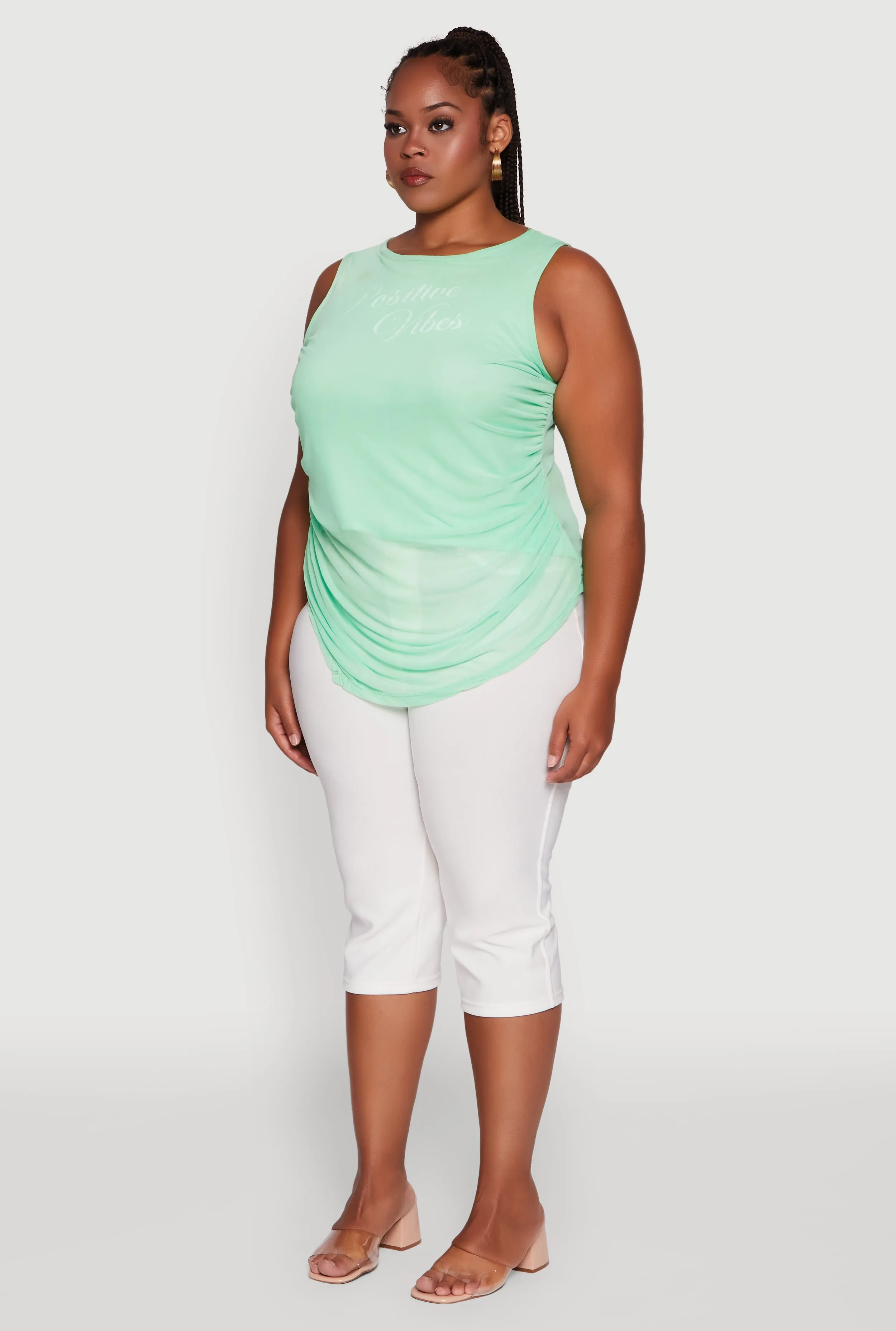 Plus Size Mesh Positive Vibes Graphic Side Ruched Tank Top sold by Rainbow product image thumbnail 5