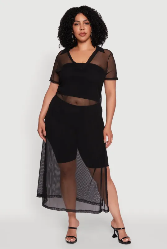 Plus Size Side Slit Collared Mesh Maxi Top sold by Rainbow