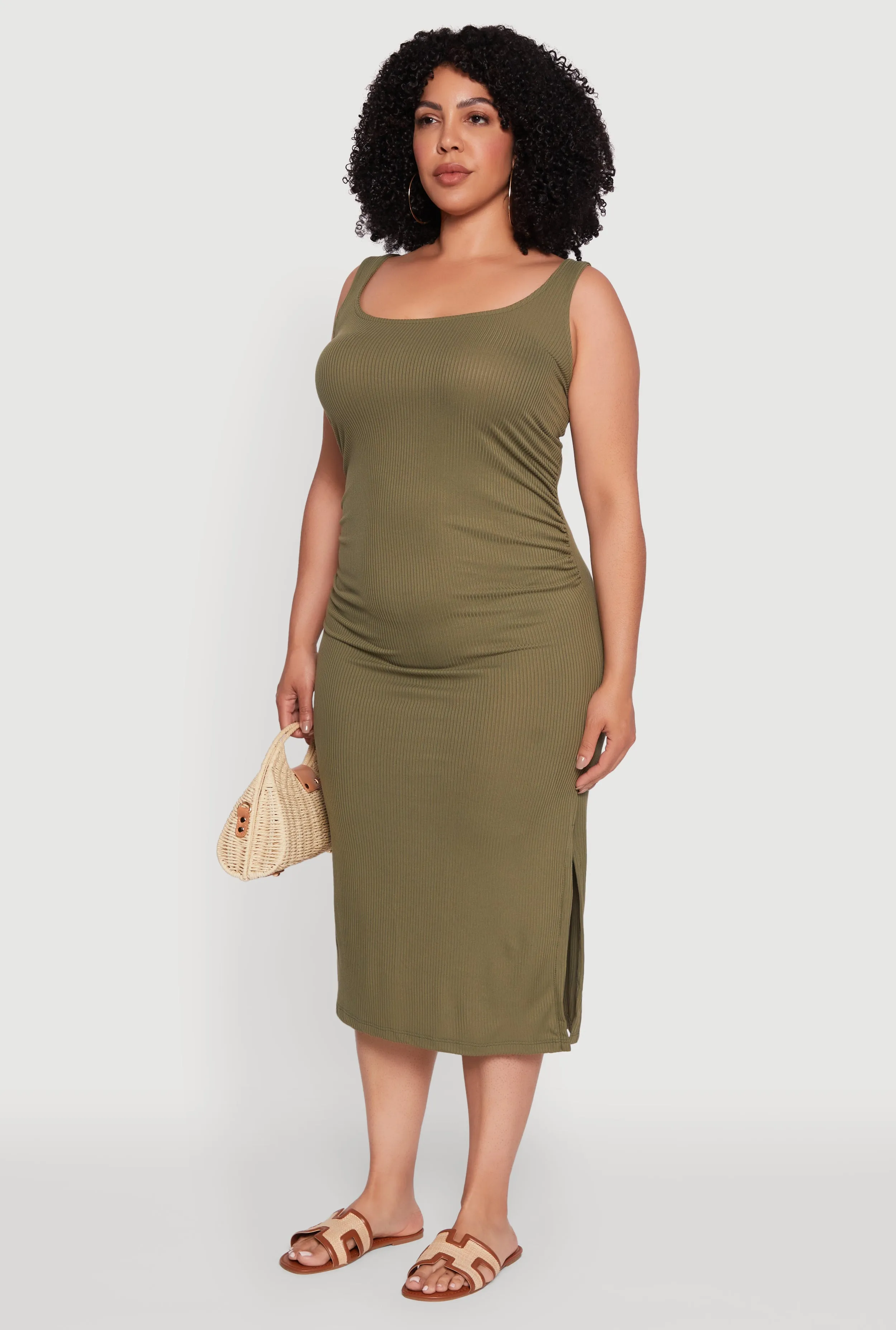 Plus Size Ribbed Knit Side Slit Ruched Tank Dress sold by Rainbow product image thumbnail 3