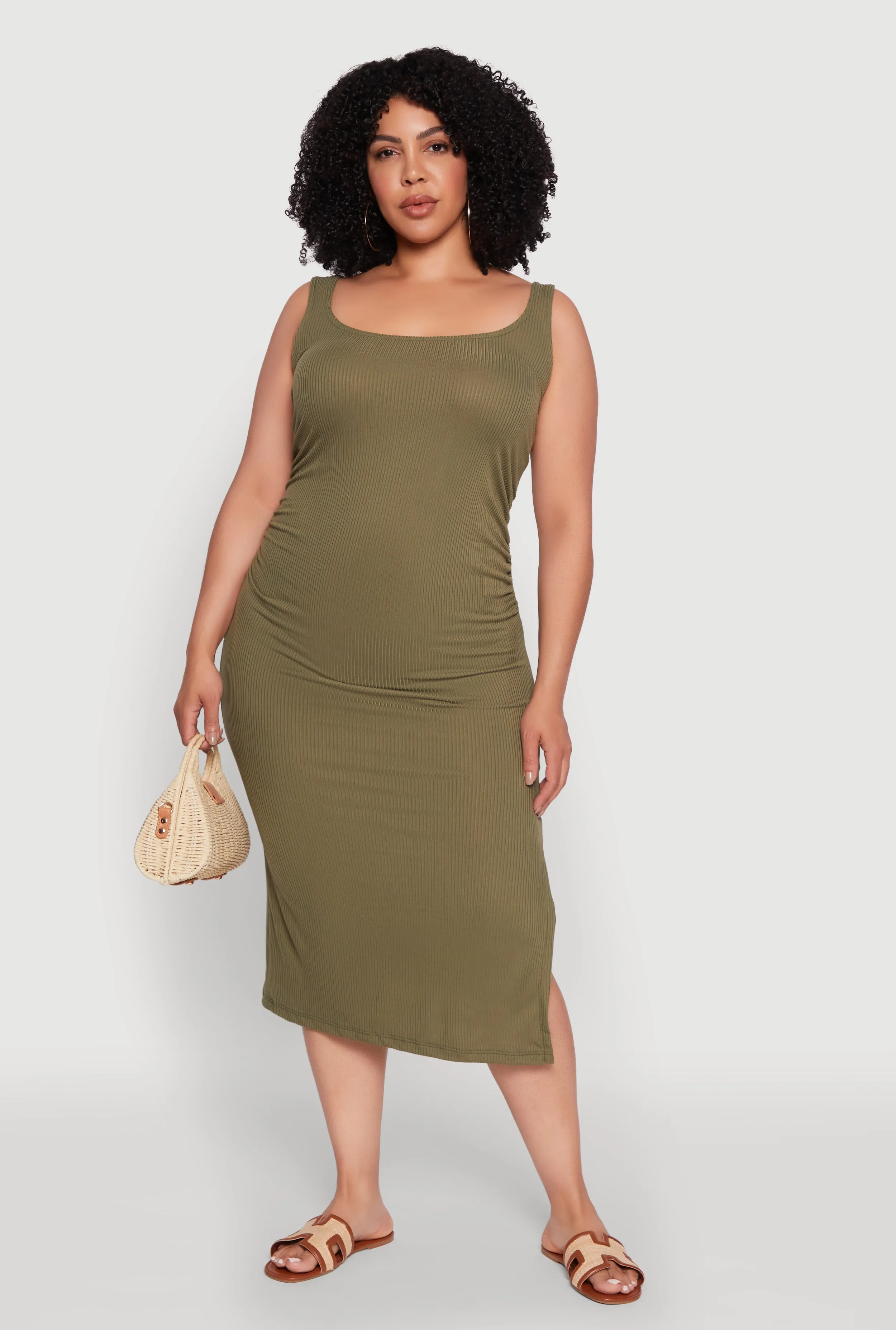 Plus Size Ribbed Knit Side Slit Ruched Tank Dress sold by Rainbow