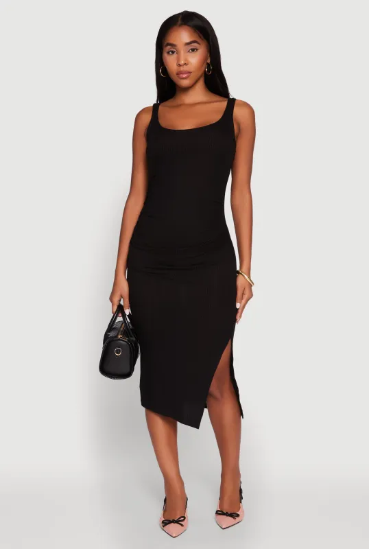 Rib Knit Side Slit Ruched Side Midi Dress sold by Rainbow