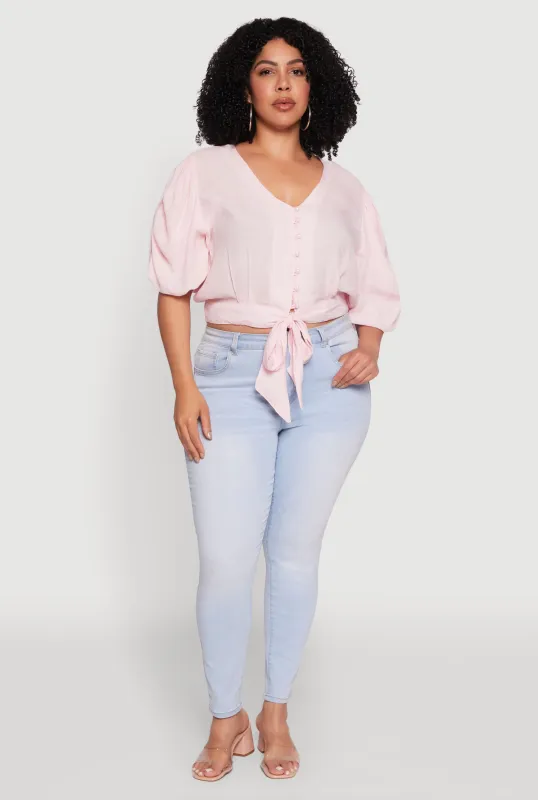 Plus Size V Neck Puff Sleeve Cropped Tie Front Top sold by Rainbow