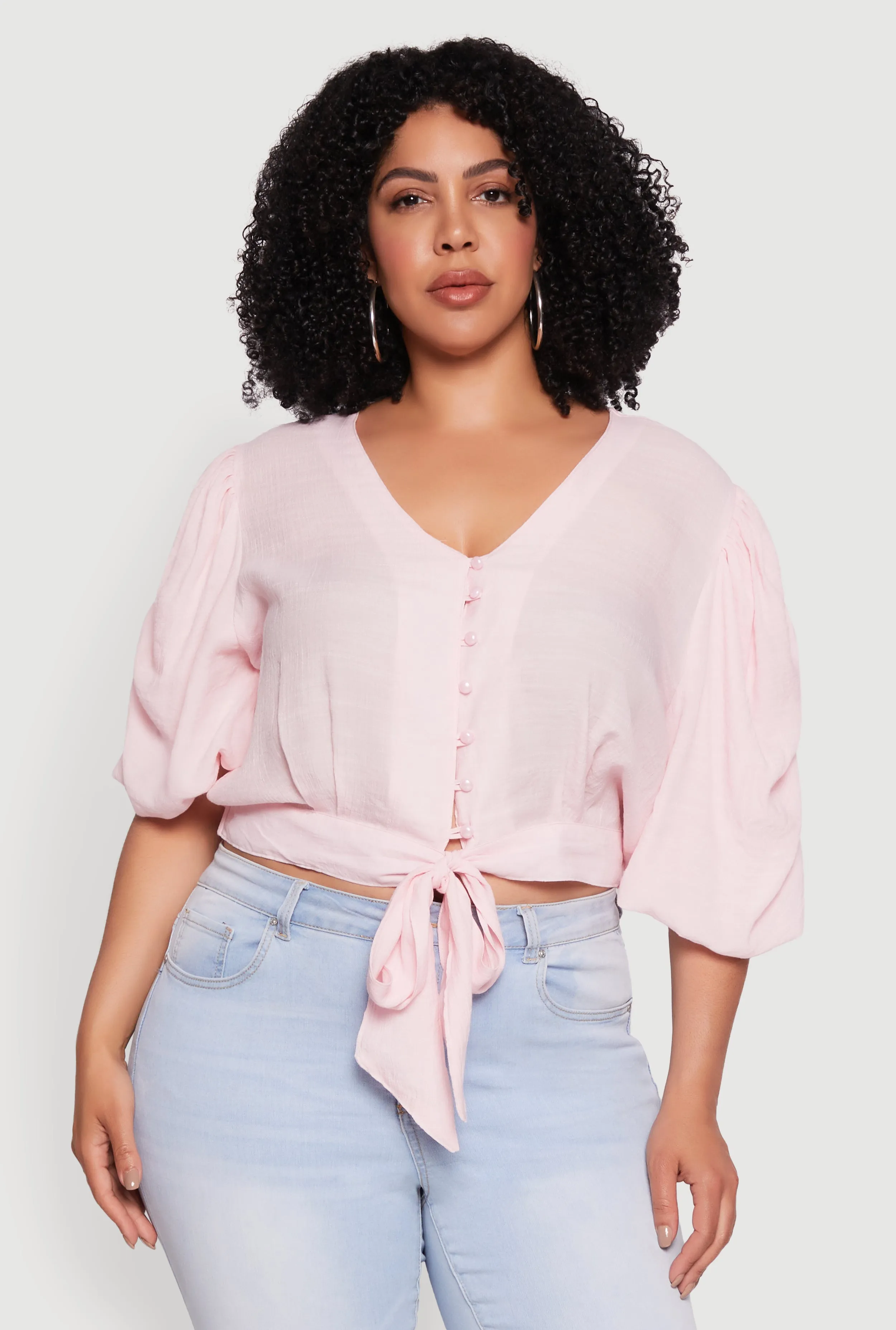 Plus Size V Neck Puff Sleeve Cropped Tie Front Top sold by Rainbow product image thumbnail 2