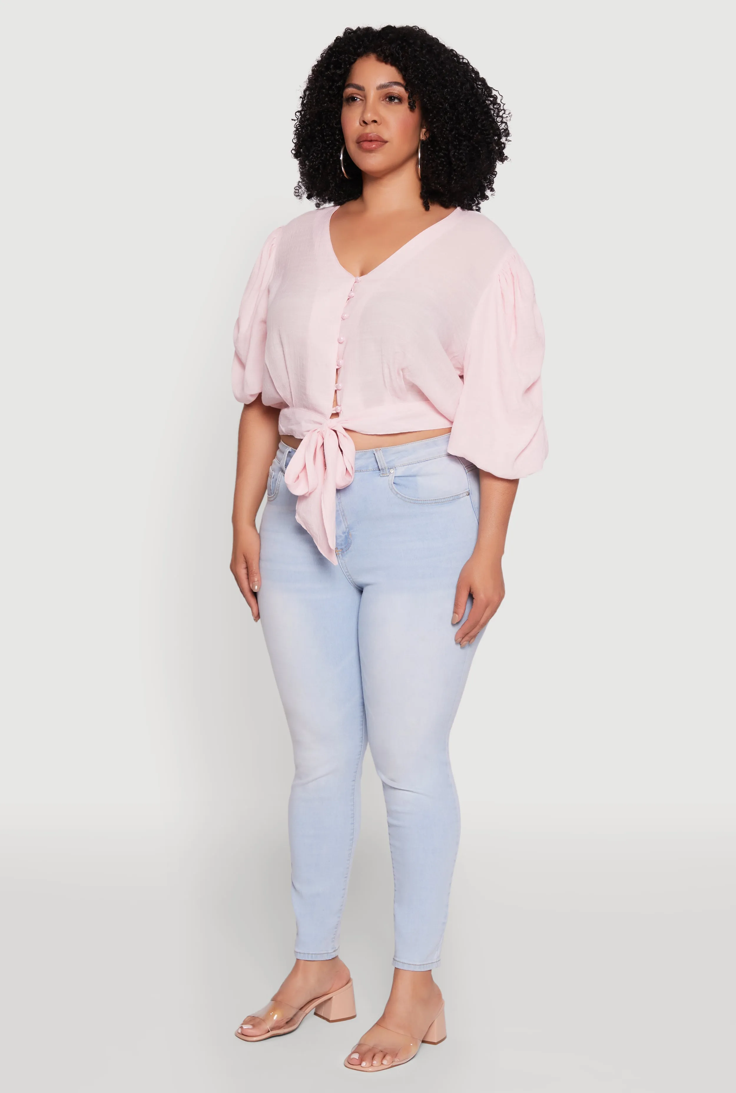 Plus Size V Neck Puff Sleeve Cropped Tie Front Top sold by Rainbow product image thumbnail 5