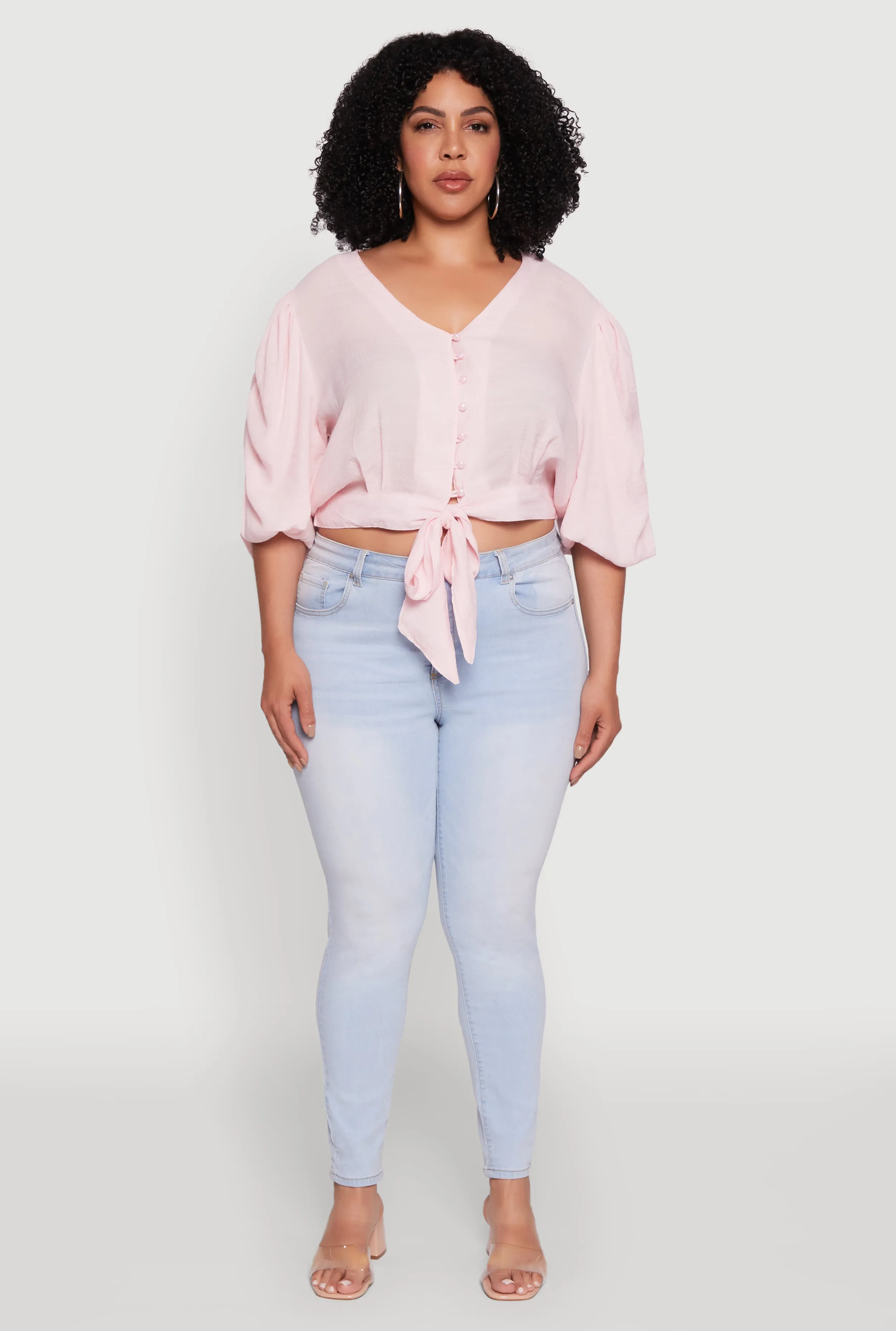 Plus Size V Neck Puff Sleeve Cropped Tie Front Top sold by Rainbow product image thumbnail 3