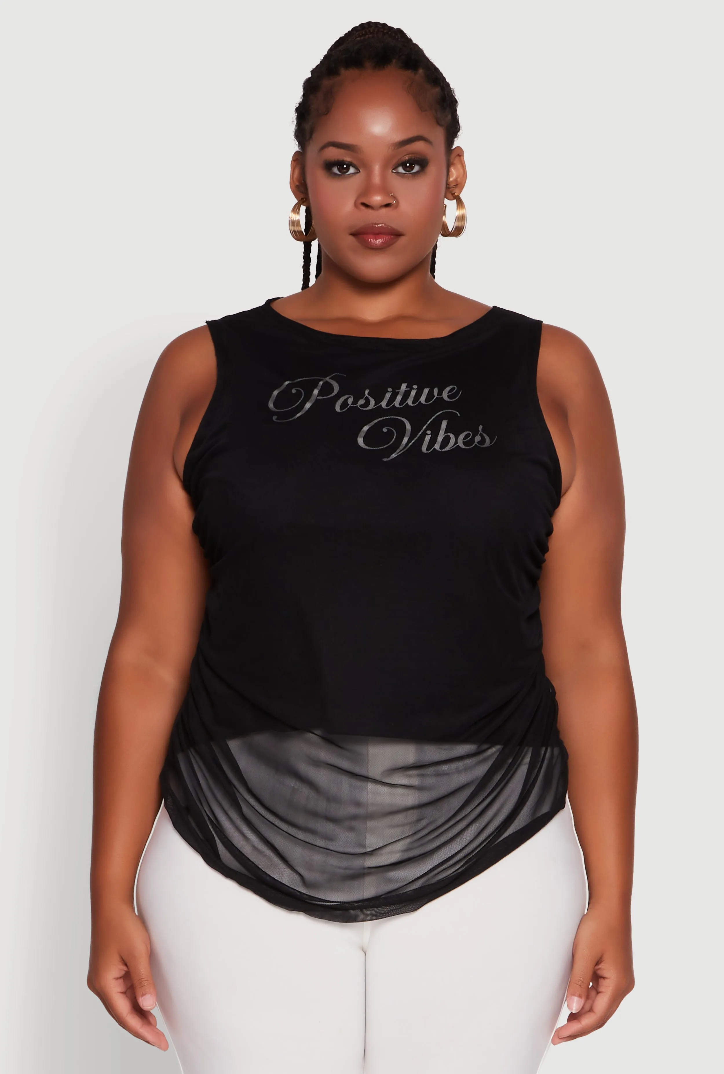 Plus Size Mesh Positive Vibes Graphic Side Ruched Tank Top sold by Rainbow product image thumbnail 2