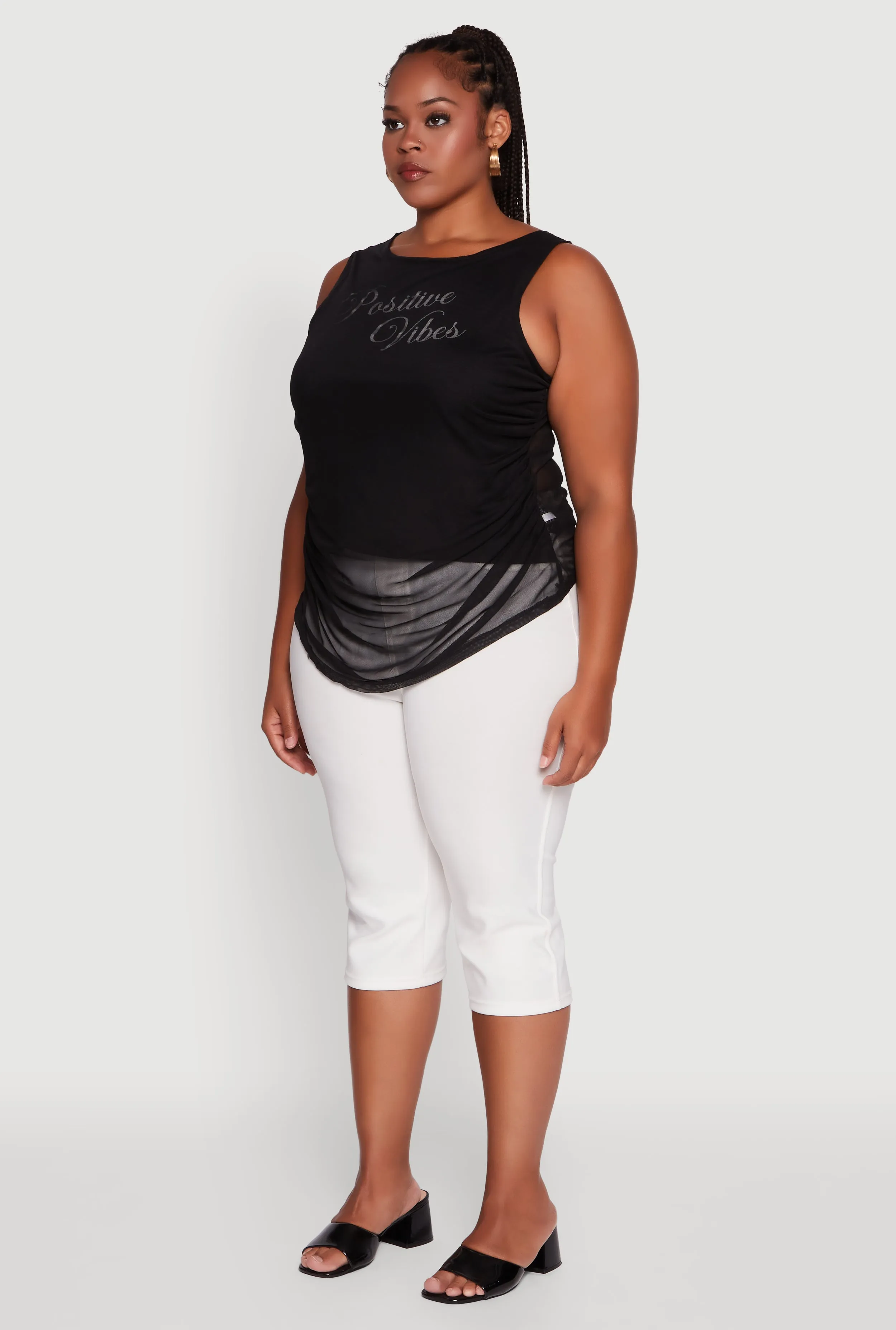 Plus Size Mesh Positive Vibes Graphic Side Ruched Tank Top sold by Rainbow product image thumbnail 5
