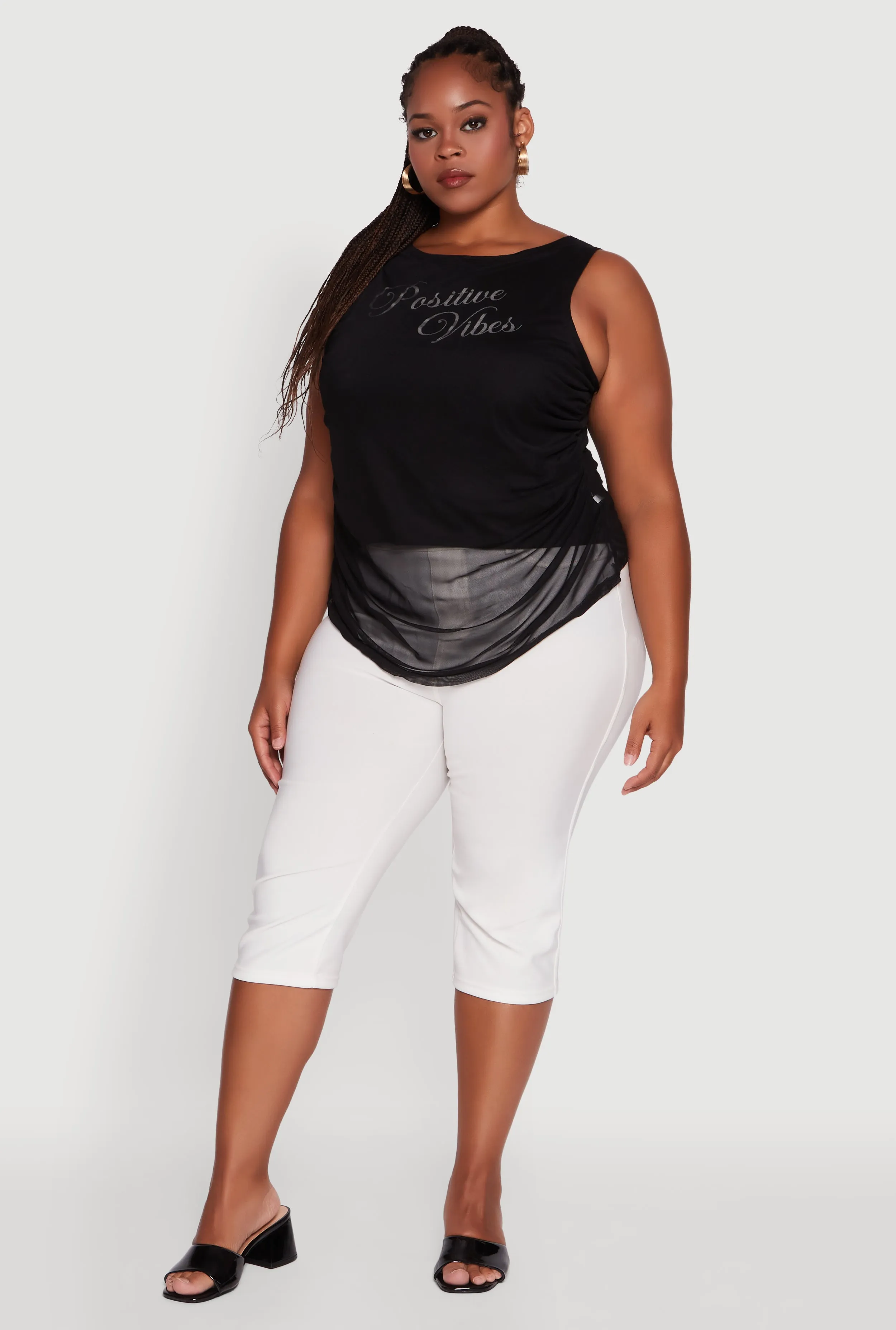 Plus Size Mesh Positive Vibes Graphic Side Ruched Tank Top sold by Rainbow