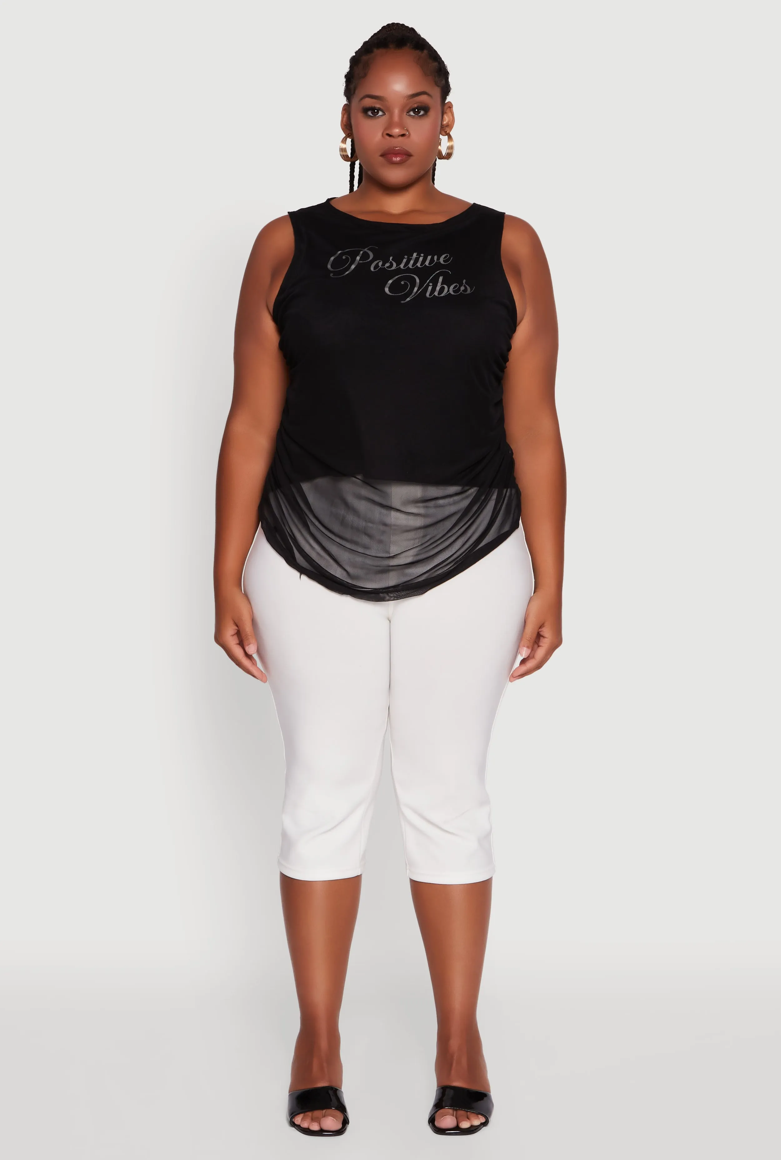 Plus Size Mesh Positive Vibes Graphic Side Ruched Tank Top sold by Rainbow product image thumbnail 3