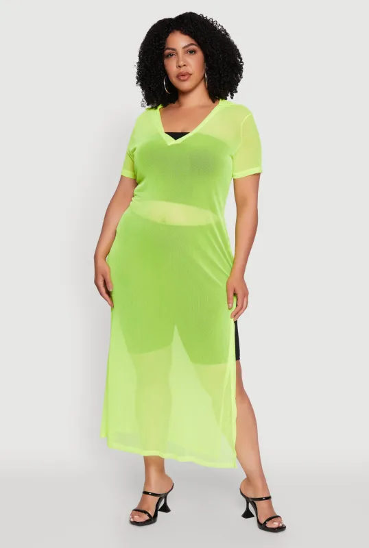Plus Size Side Slit Collared Mesh Maxi Top sold by Rainbow