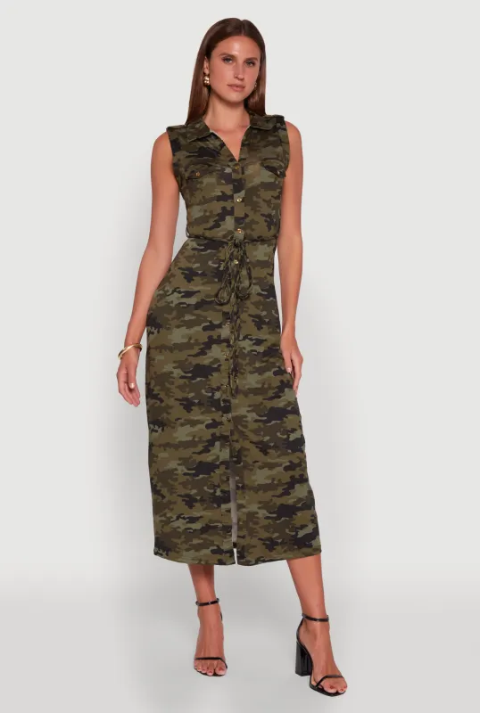 Patterned Button Front Sleeveless Maxi Shirt Dress sold by Rainbow
