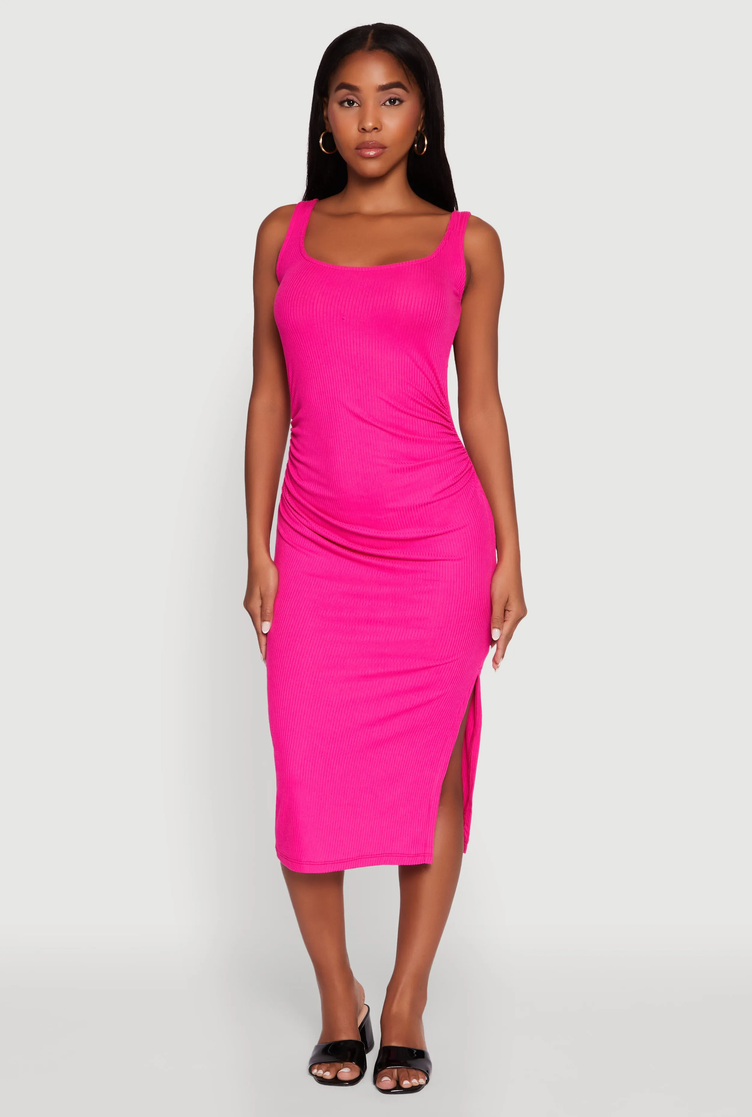 Rib Knit Side Slit Ruched Side Midi Dress sold by Rainbow