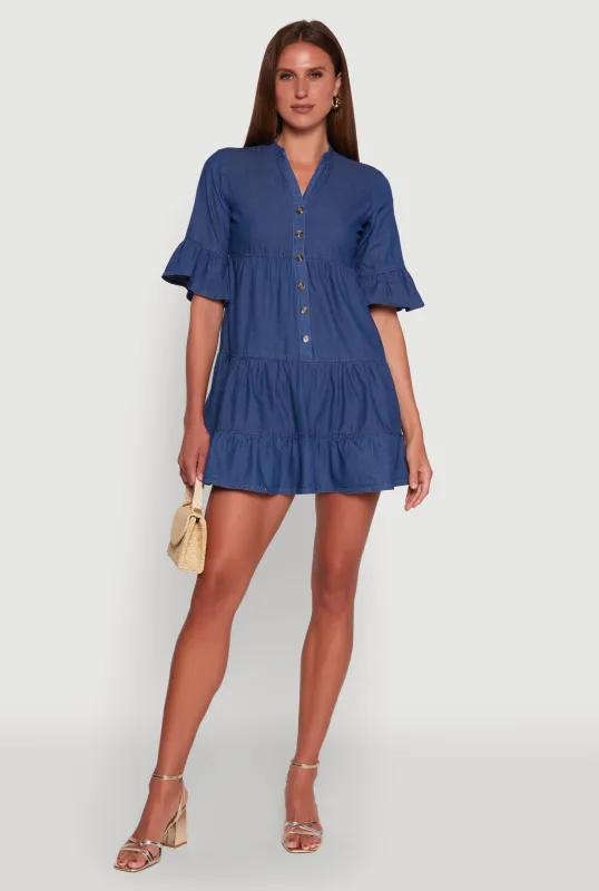 Trendy Denim Button Front Tiered Mini Dress sold by Rainbow