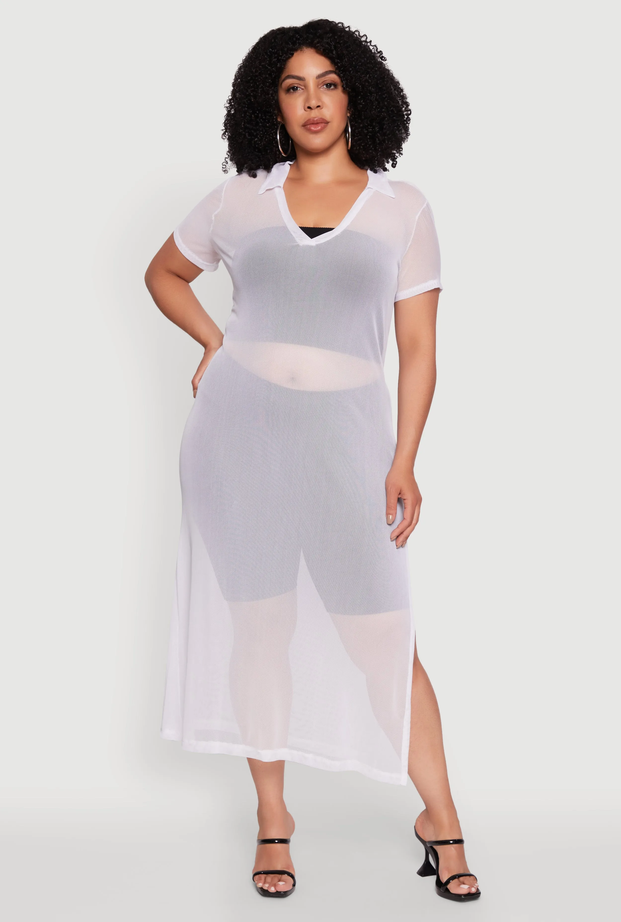 Plus Size Side Slit Collared Mesh Maxi Top sold by Rainbow