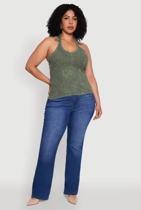 Plus Size Ribbed Knit Acid Wash Halter Top sold by Rainbow
