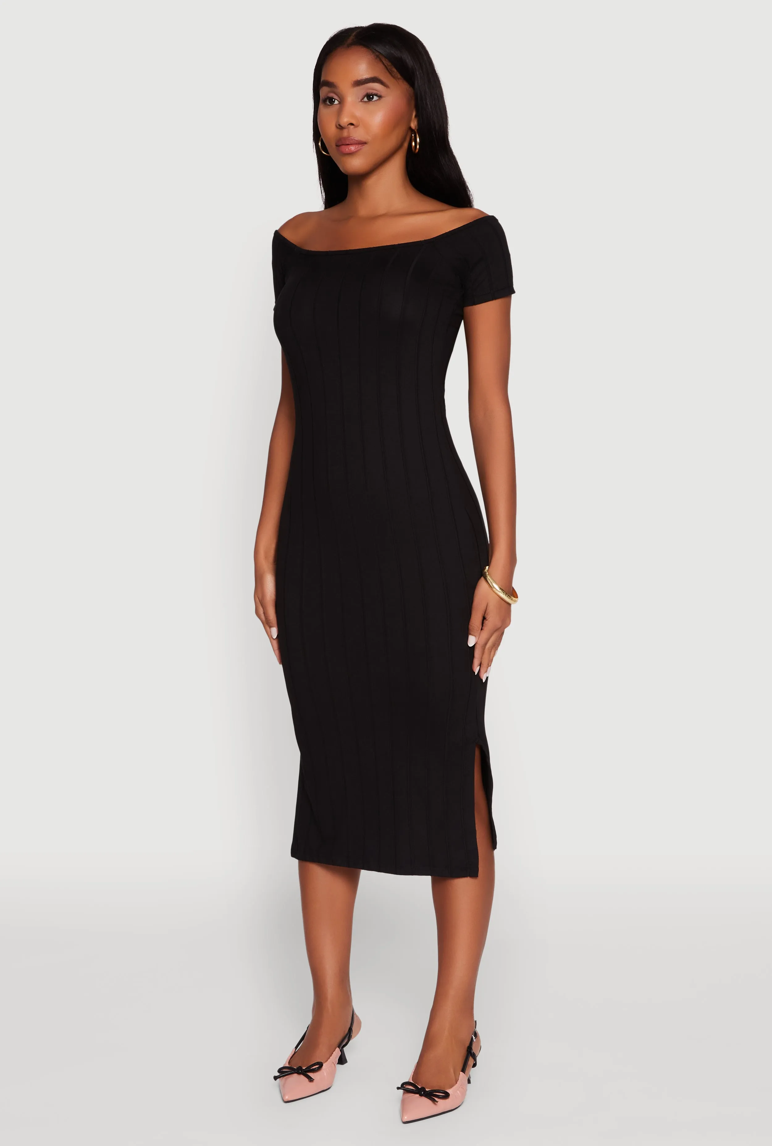 Rib Knit Side Slit Off The Shoulder Dress sold by Rainbow product image thumbnail 3