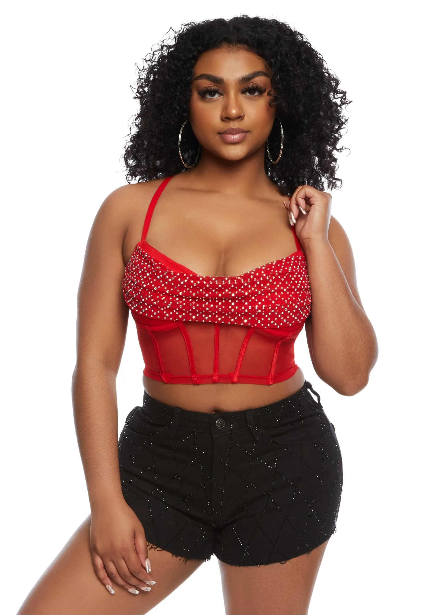 Mesh Rhinestone Bustier Crop Top sold by Rainbow