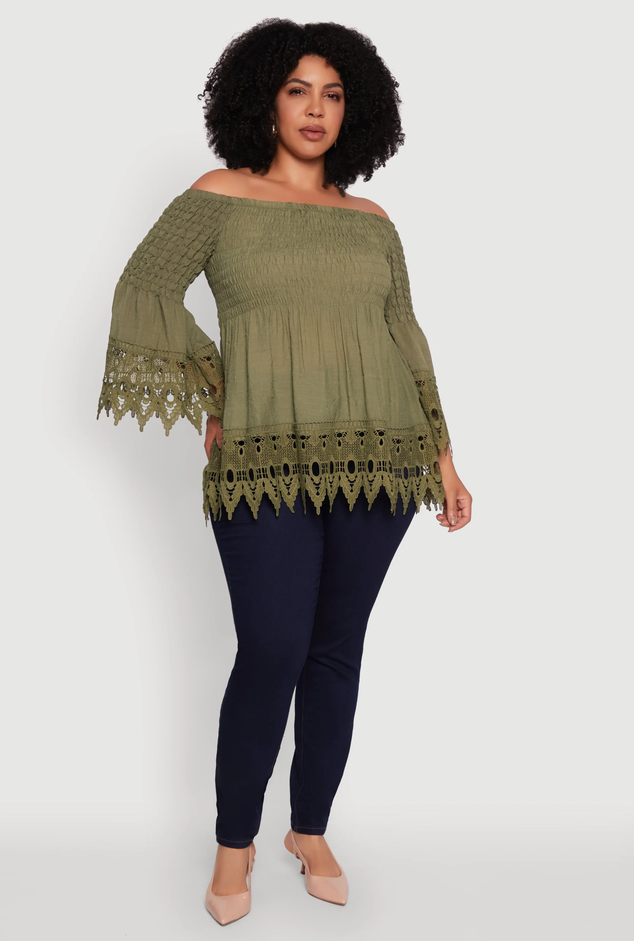 Plus Size Crochet Trim Off Shoulder Bell Sleeve Blouse sold by Rainbow