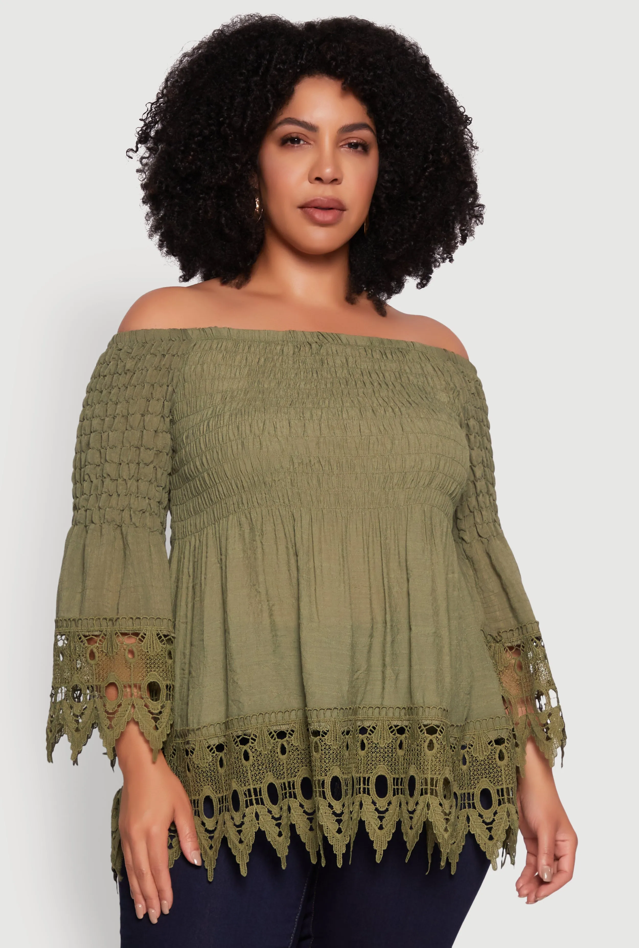 Plus Size Crochet Trim Off Shoulder Bell Sleeve Blouse sold by Rainbow product image thumbnail 2