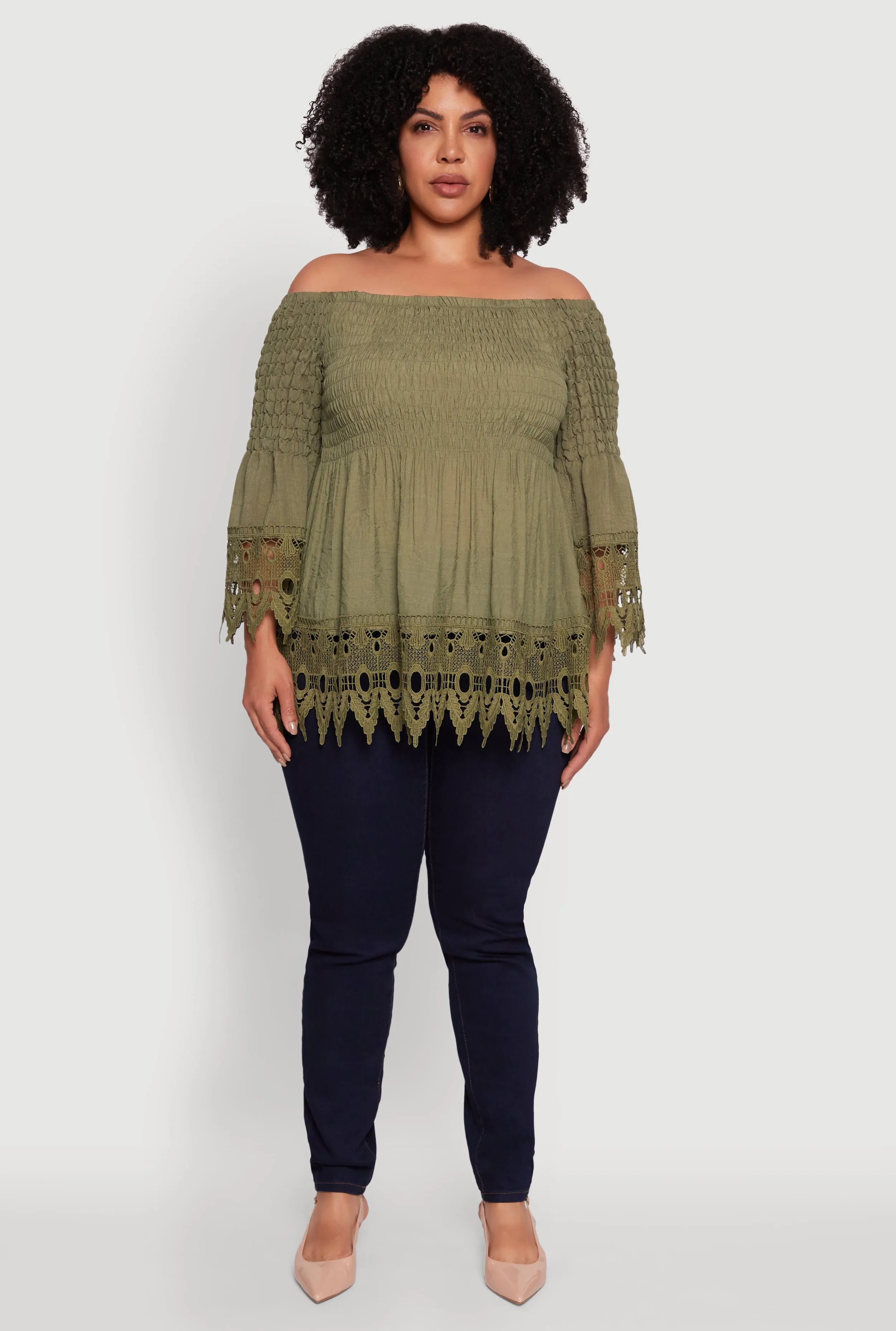 Plus Size Crochet Trim Off Shoulder Bell Sleeve Blouse sold by Rainbow product image thumbnail 3