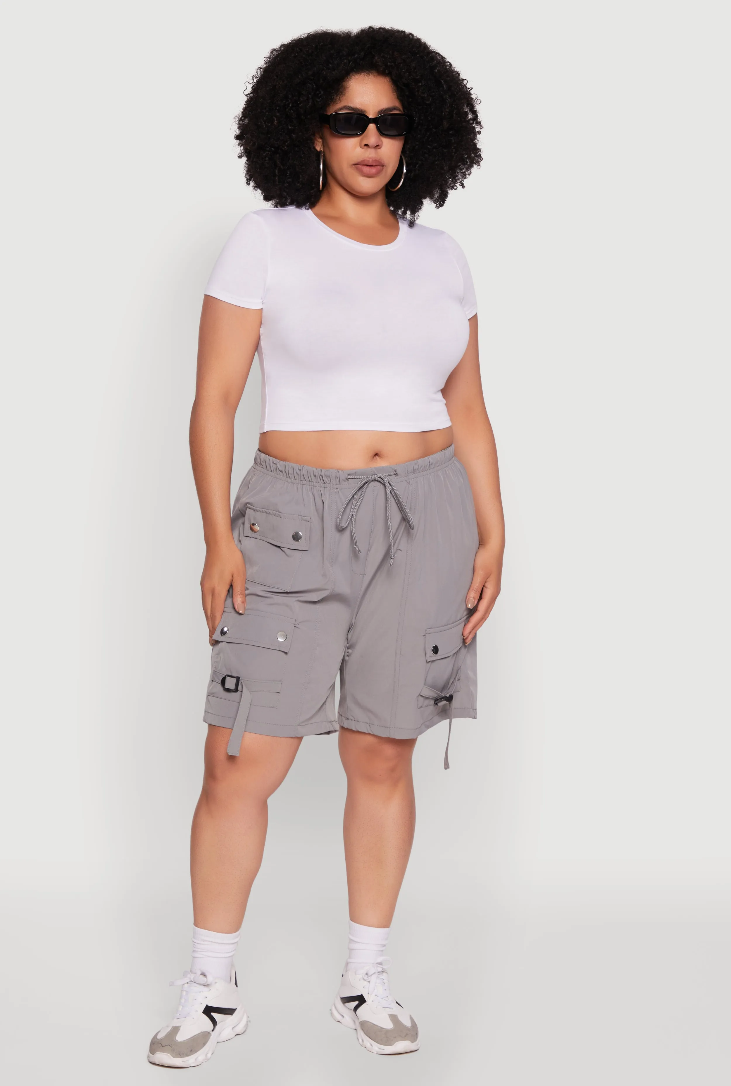 Plus Size High Waisted Nylon Cargo Shorts with Drawstring sold by Rainbow