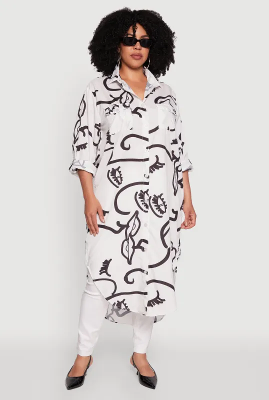 Plus Size Chic Face Print Long Sleeve Maxi Shirt sold by Rainbow