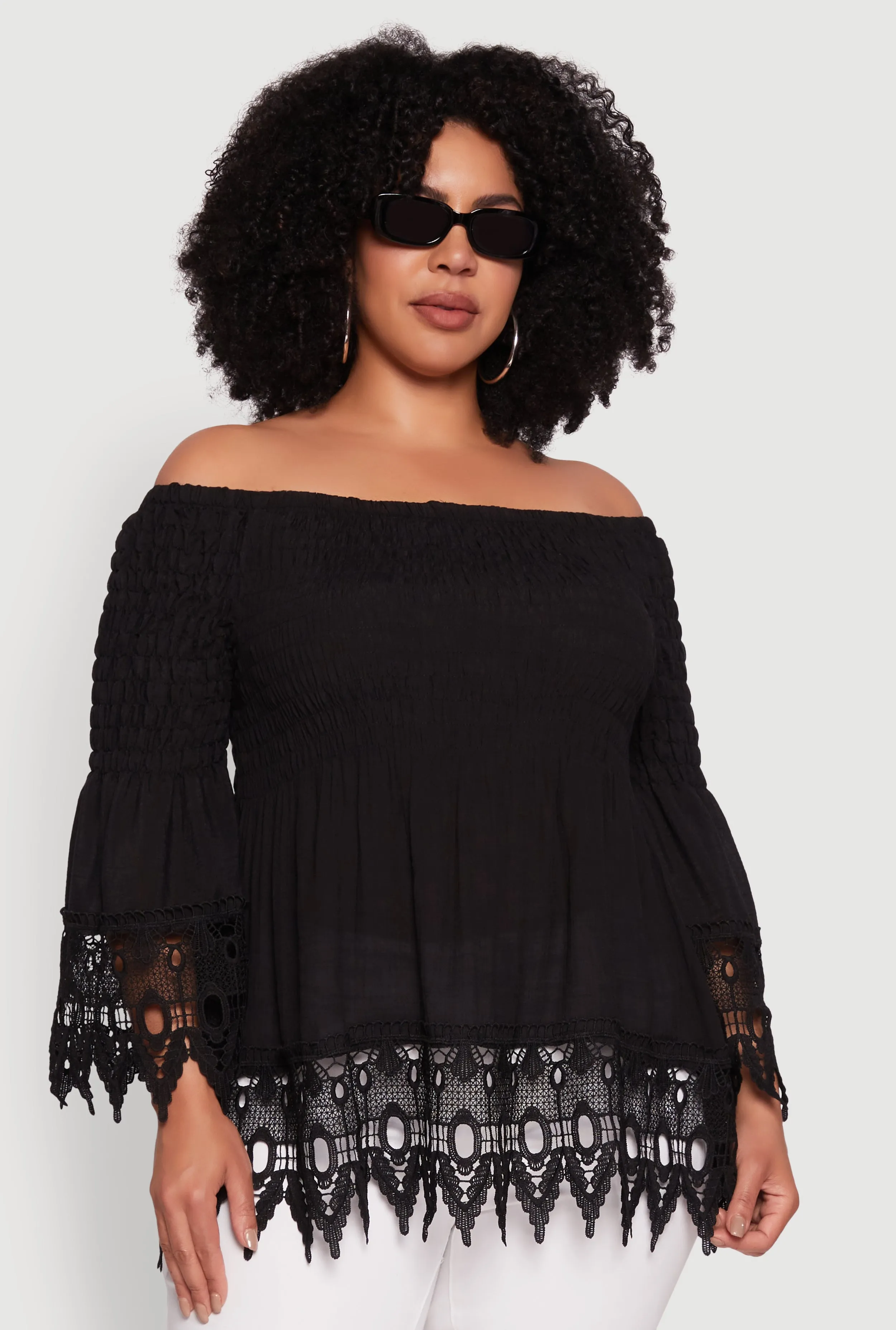 Plus Size Crochet Trim Off Shoulder Bell Sleeve Blouse sold by Rainbow product image thumbnail 2