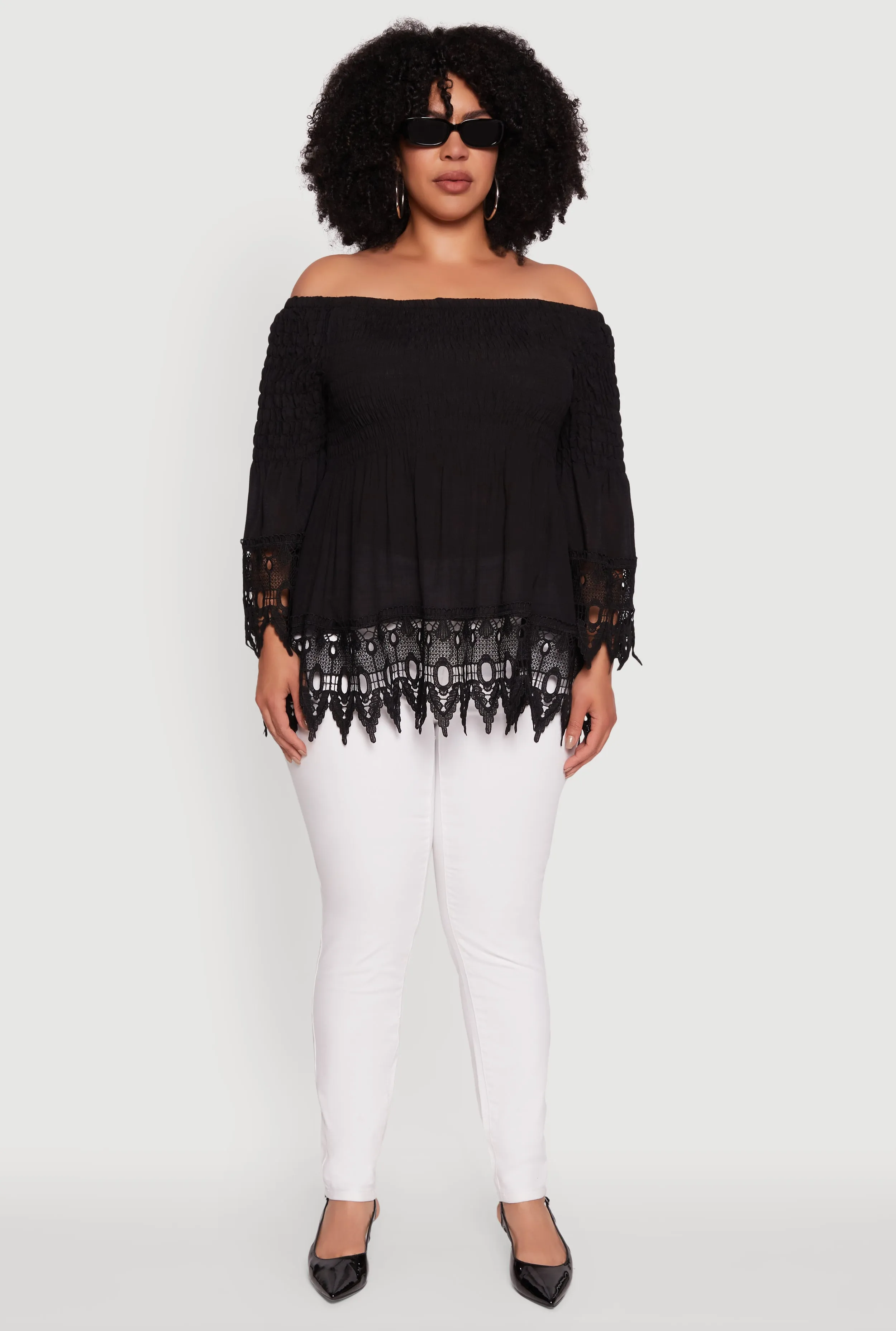 Plus Size Crochet Trim Off Shoulder Bell Sleeve Blouse sold by Rainbow product image thumbnail 3