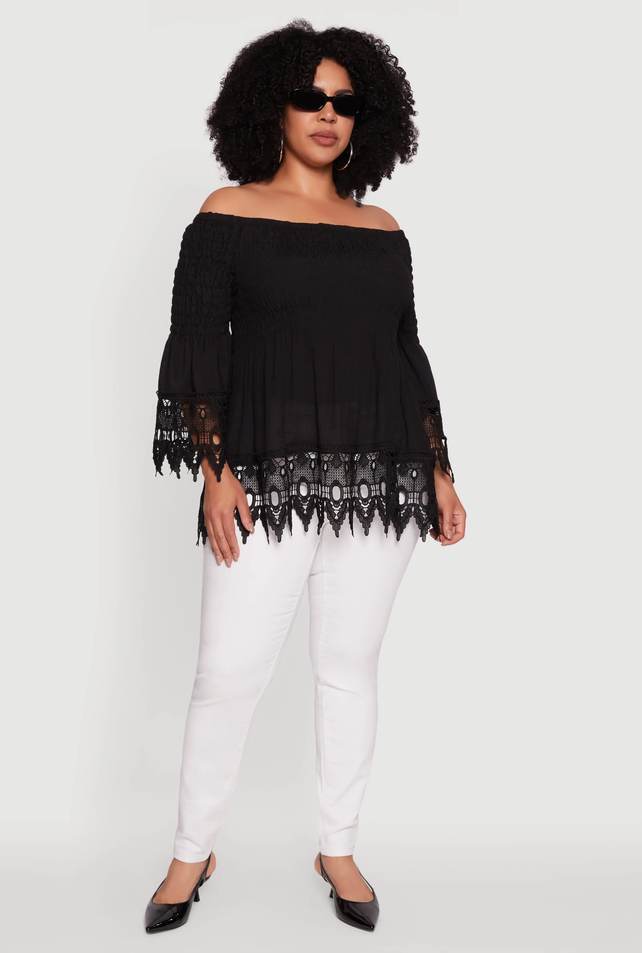 Plus Size Crochet Trim Off Shoulder Bell Sleeve Blouse sold by Rainbow