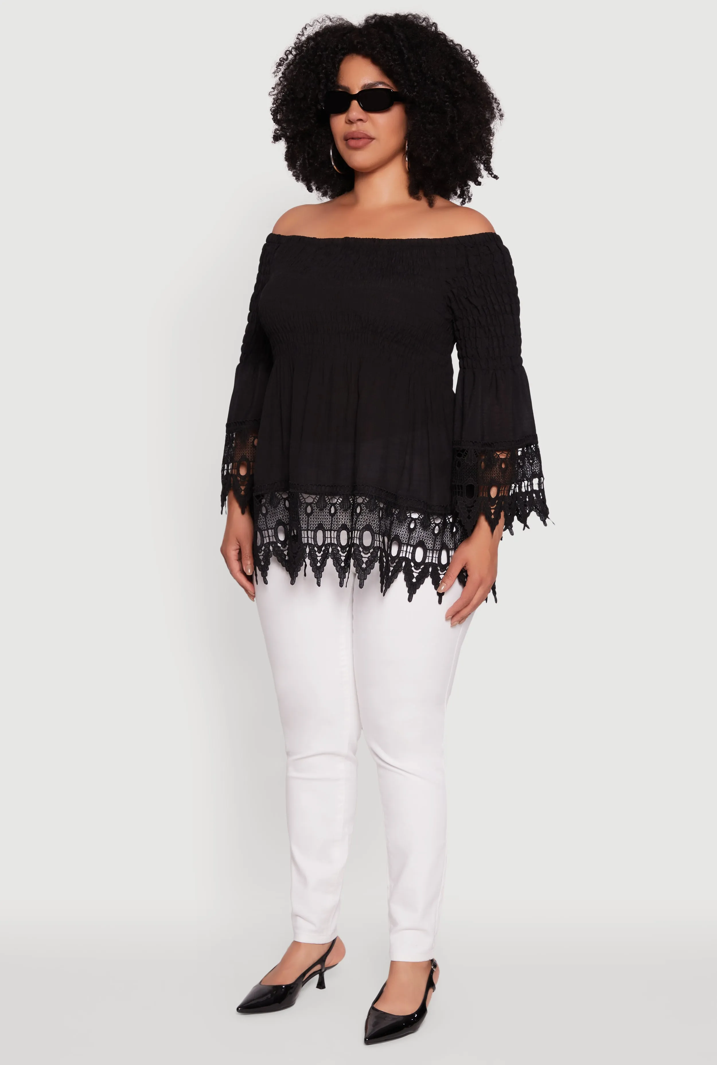 Plus Size Crochet Trim Off Shoulder Bell Sleeve Blouse sold by Rainbow product image thumbnail 5