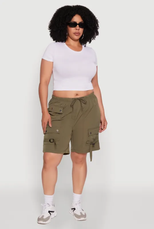 Plus Size High Waisted Nylon Cargo Shorts with Drawstring sold by Rainbow