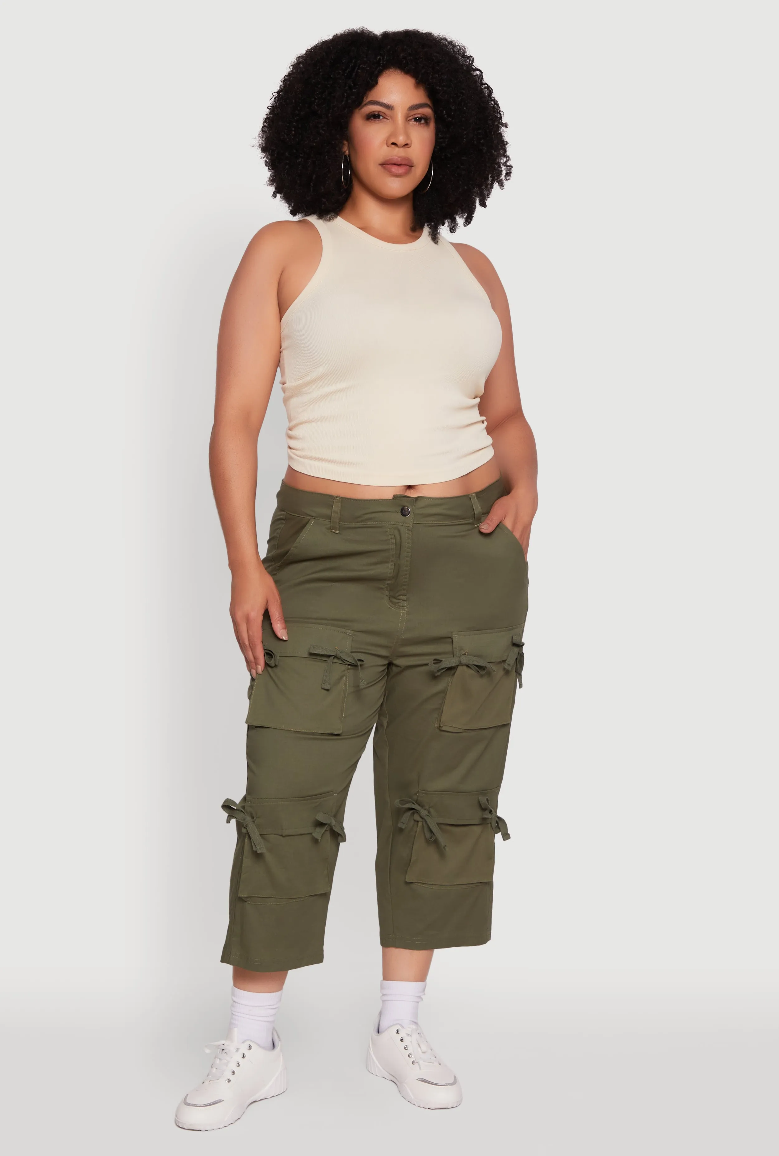 Plus Size Poplin Bow Cargo Capri Pants sold by Rainbow