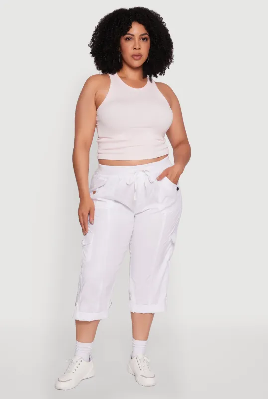 Plus Size Drawstring Waist Tabbed Cuff Cargo Capris sold by Rainbow