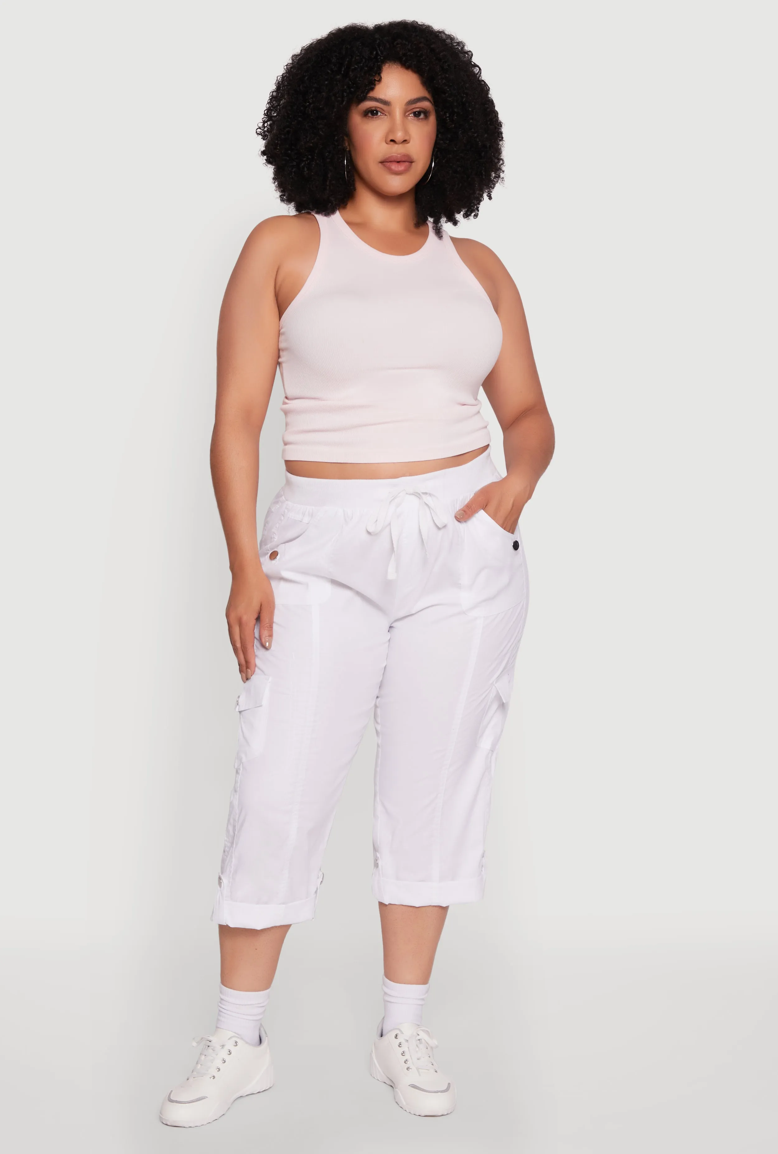 Plus Size Drawstring Waist Tabbed Cuff Cargo Capris sold by Rainbow