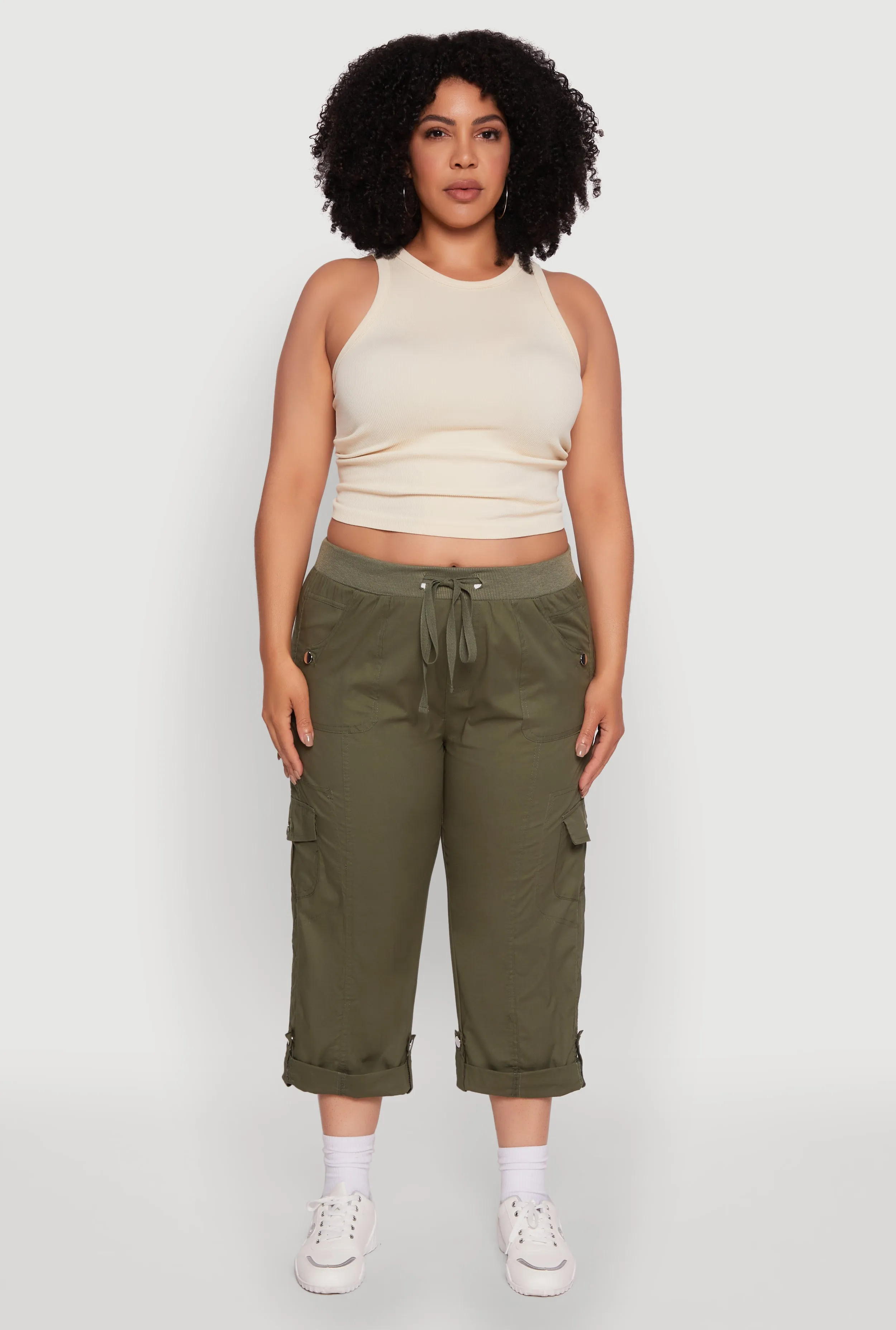Plus Size Drawstring Waist Tabbed Cuff Cargo Capris sold by Rainbow product image thumbnail 2