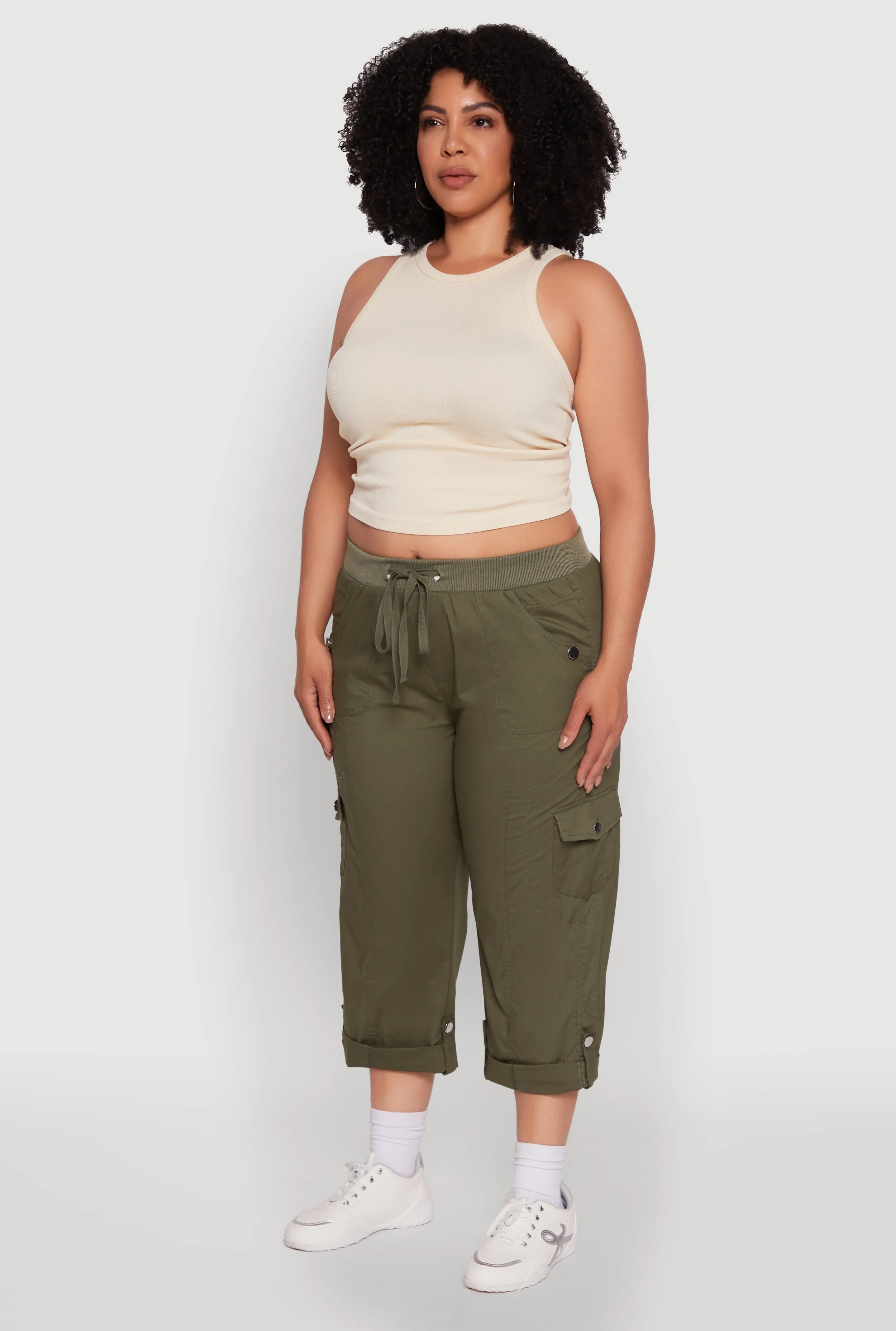Plus Size Drawstring Waist Tabbed Cuff Cargo Capris sold by Rainbow product image thumbnail 3