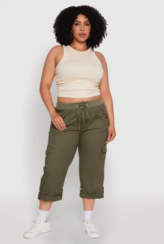 Plus Size Drawstring Waist Tabbed Cuff Cargo Capris sold by Rainbow
