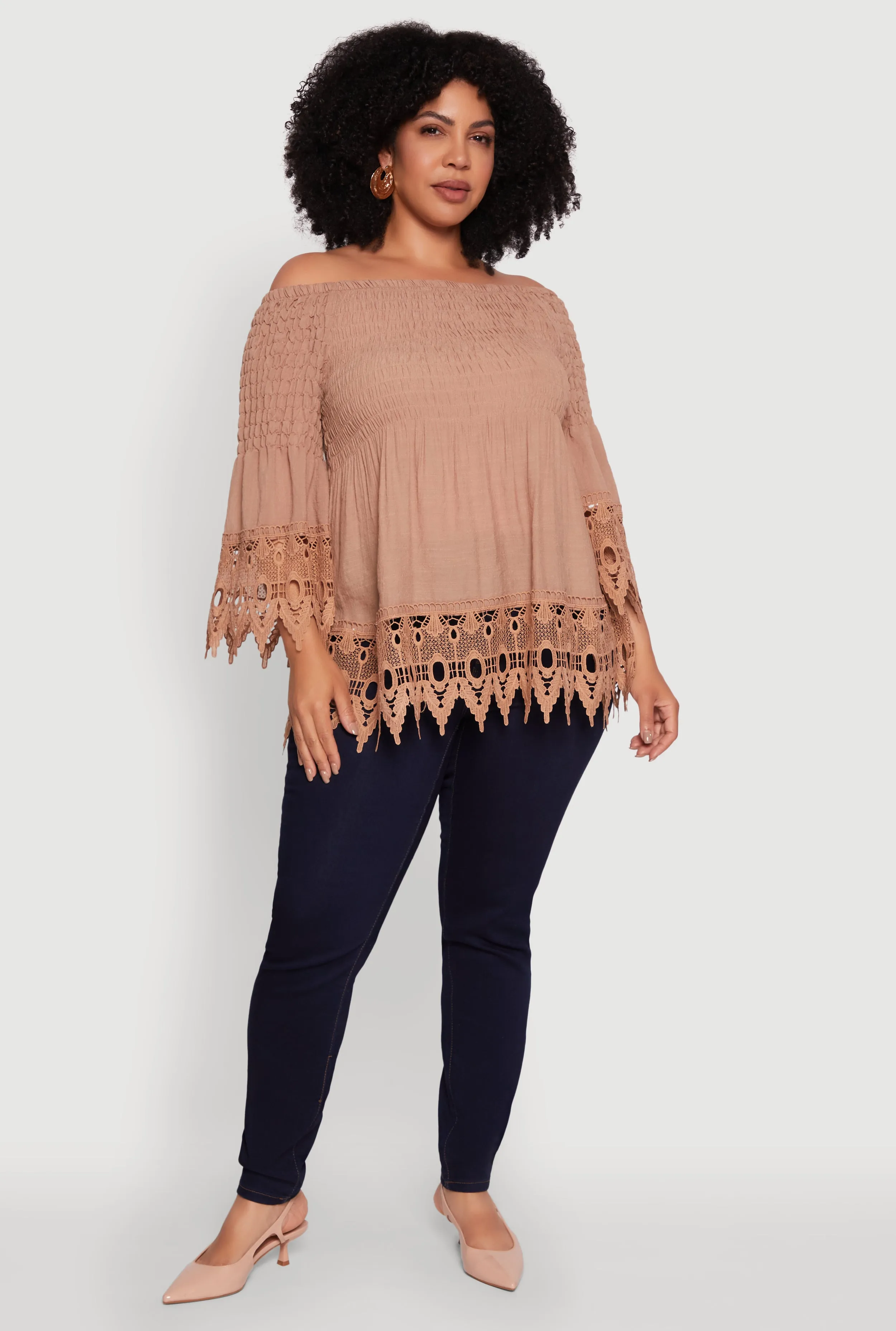 Plus Size Crochet Trim Off Shoulder Bell Sleeve Blouse sold by Rainbow