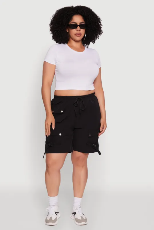 Plus Size High Waisted Nylon Cargo Shorts with Drawstring sold by Rainbow