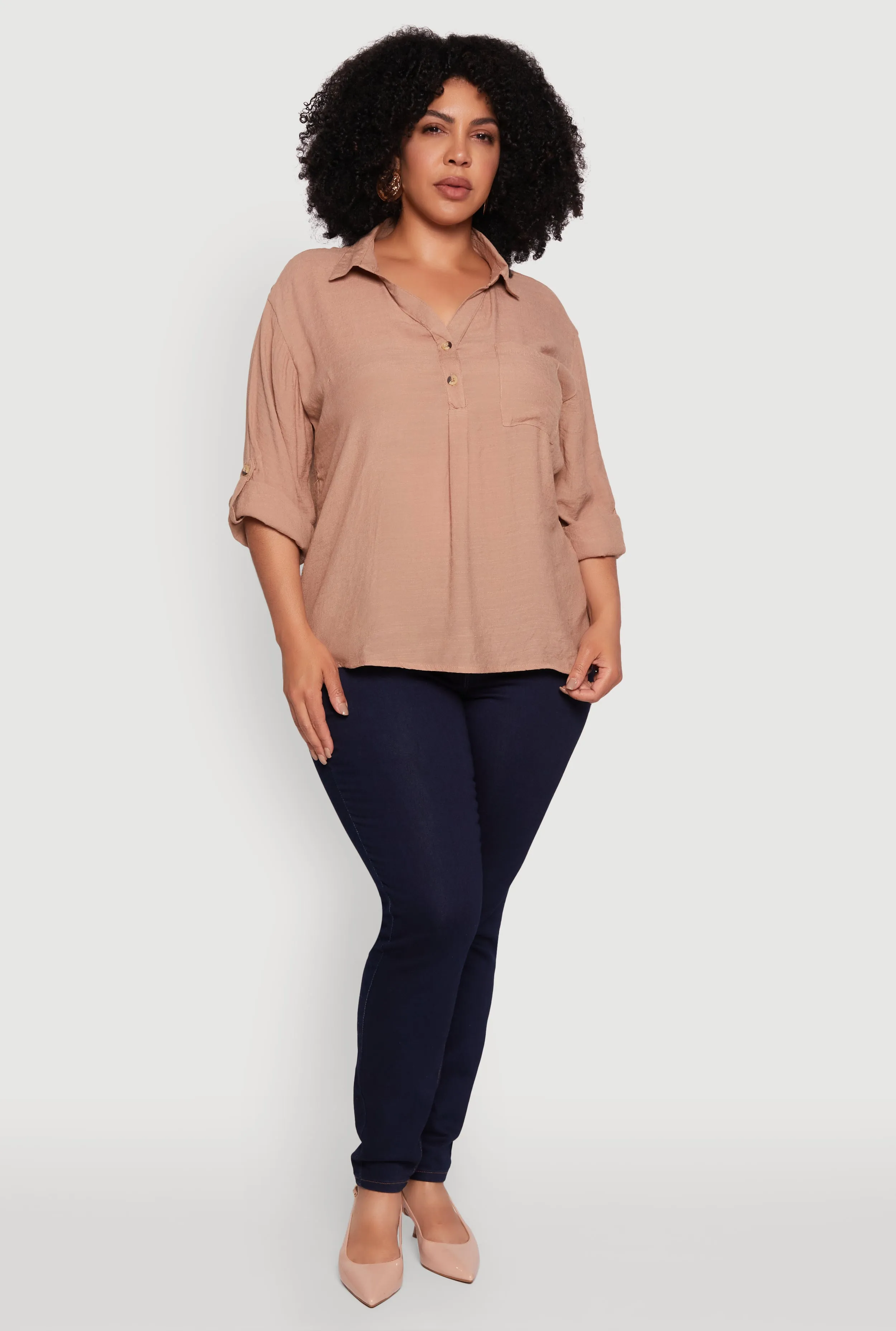 Plus Sized Tabbed Sleeve Collared Henley Top sold by Rainbow