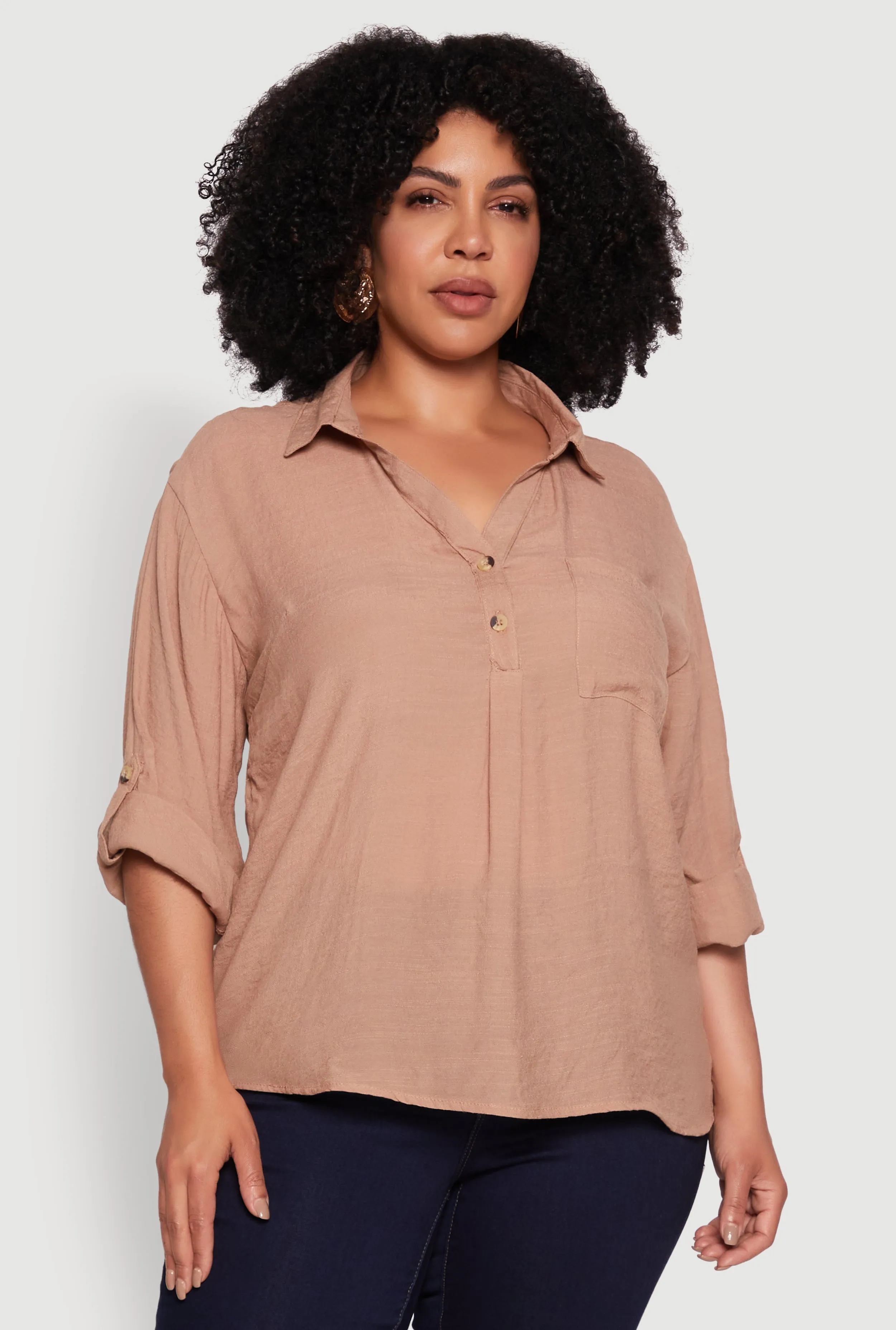 Plus Sized Tabbed Sleeve Collared Henley Top sold by Rainbow product image thumbnail 2