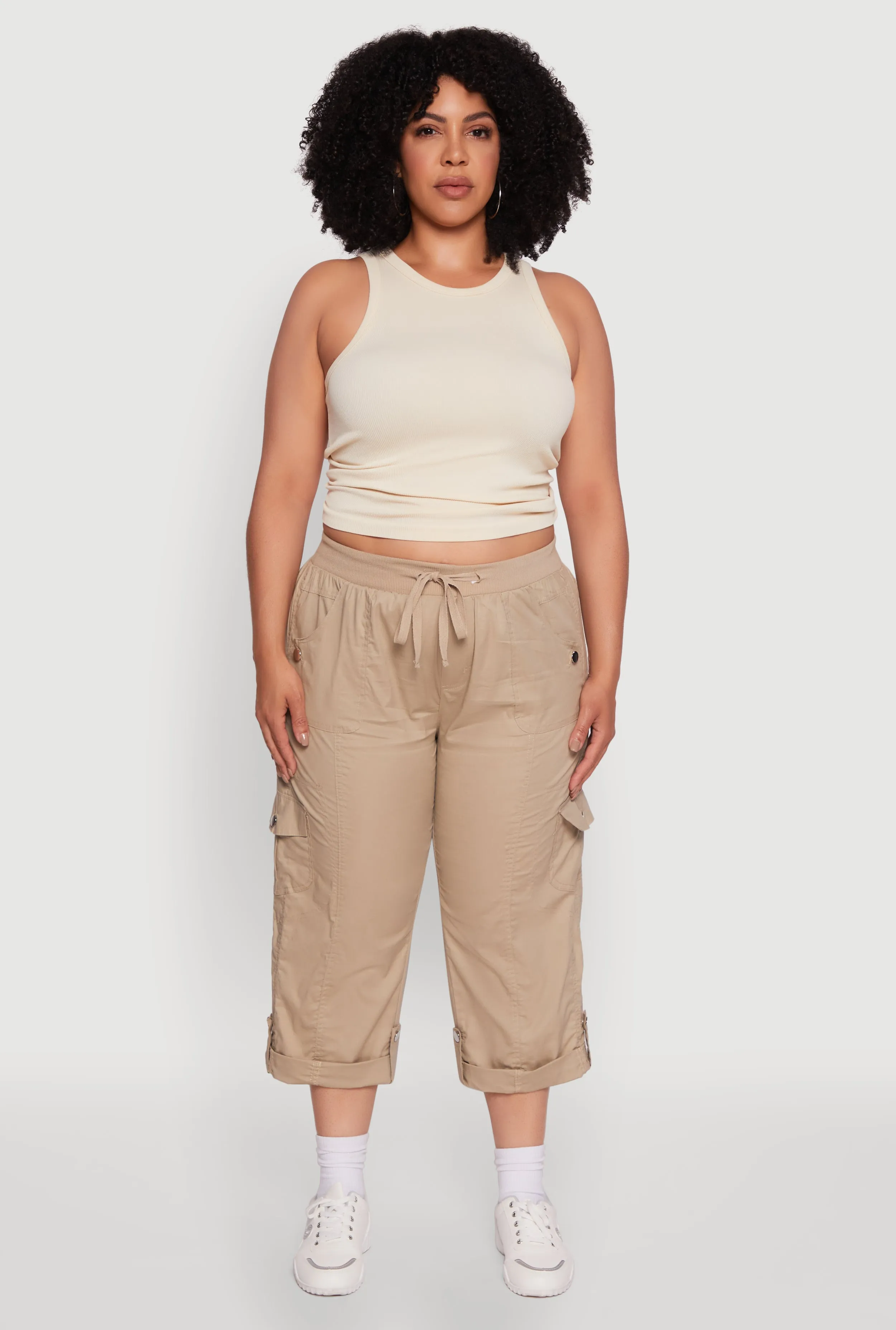 Plus Size Drawstring Waist Tabbed Cuff Cargo Capris sold by Rainbow product image thumbnail 2