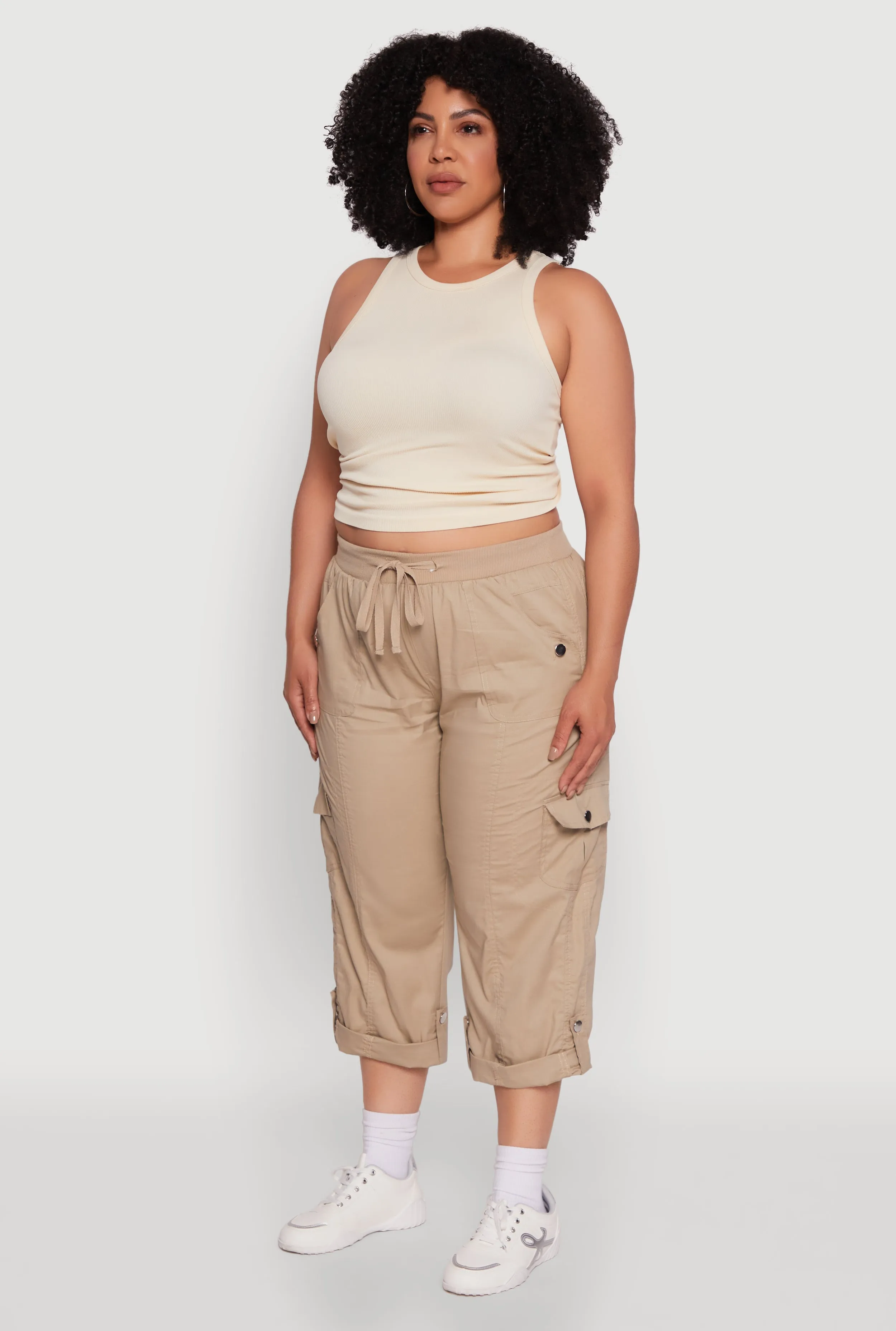 Plus Size Drawstring Waist Tabbed Cuff Cargo Capris sold by Rainbow product image thumbnail 3