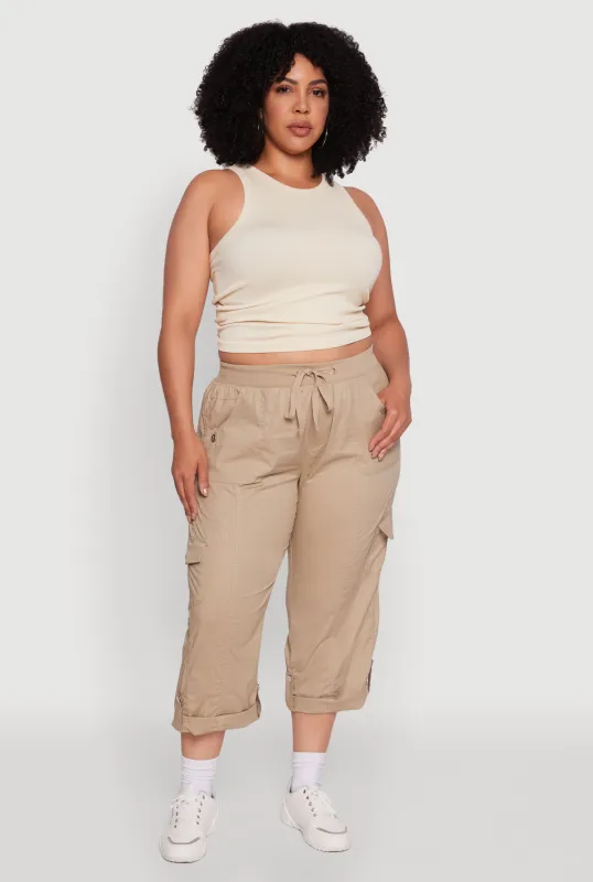 Plus Size Drawstring Waist Tabbed Cuff Cargo Capris sold by Rainbow