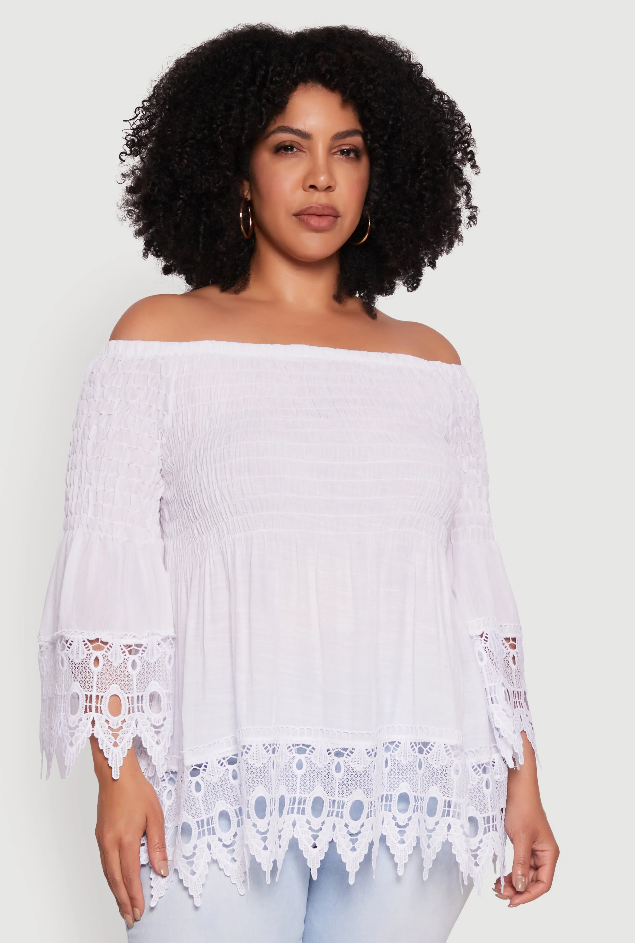 Plus Size Crochet Trim Off Shoulder Bell Sleeve Blouse sold by Rainbow product image thumbnail 2