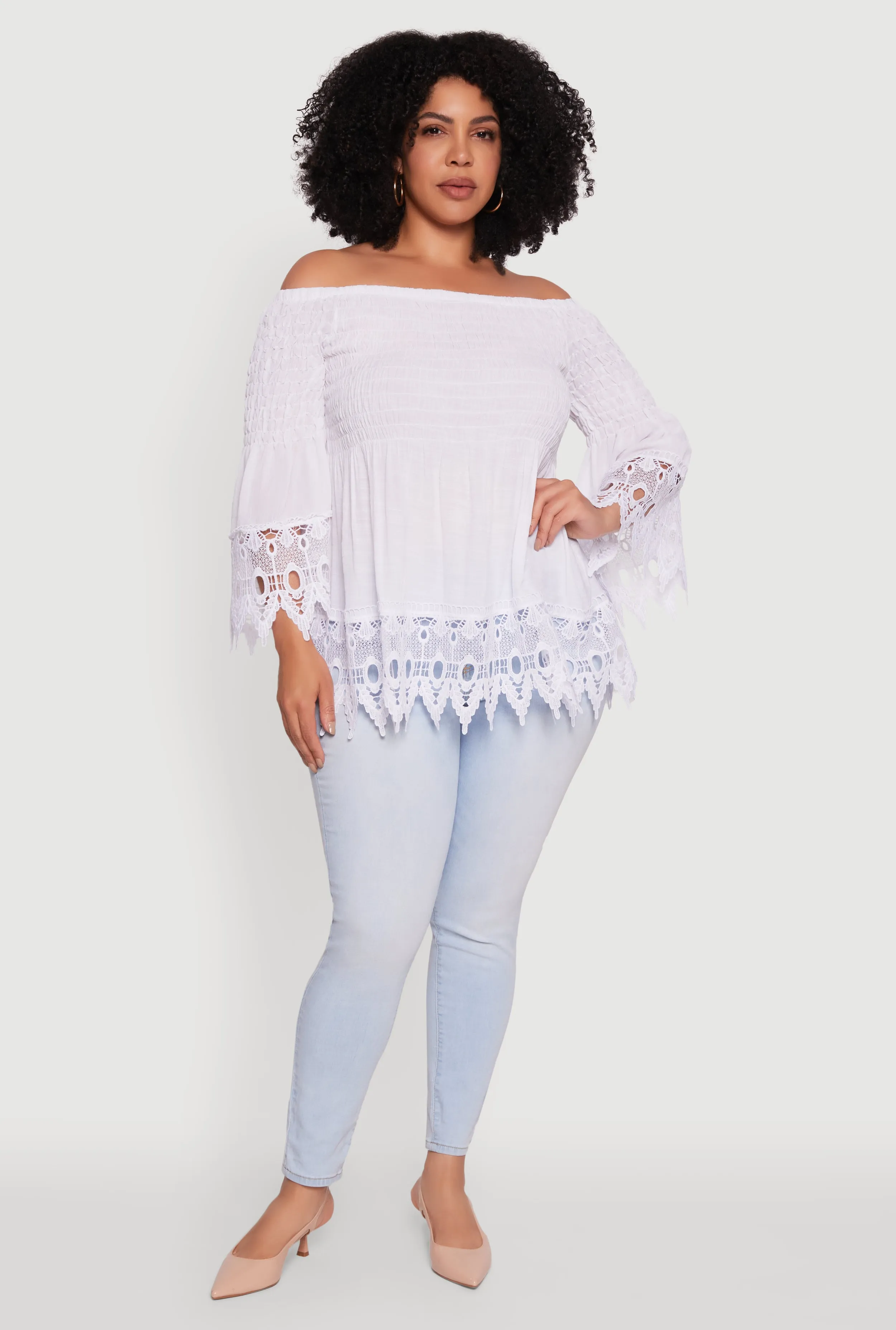 Plus Size Crochet Trim Off Shoulder Bell Sleeve Blouse sold by Rainbow
