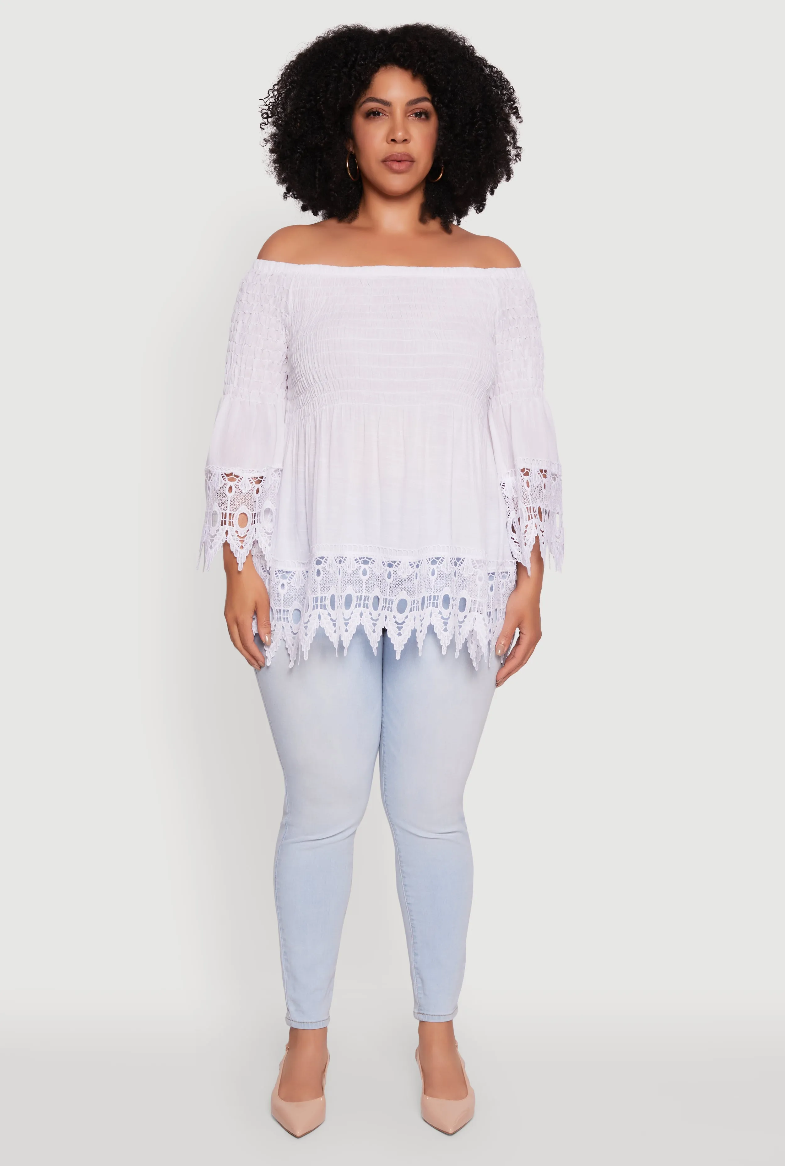 Plus Size Crochet Trim Off Shoulder Bell Sleeve Blouse sold by Rainbow product image thumbnail 3